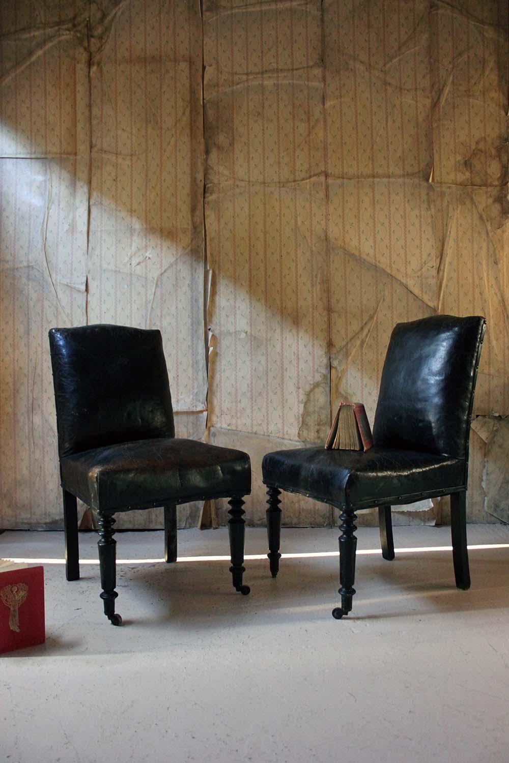 Pair of French Black Leather Upholstered and Ebonized Library Chairs, circa 1880 15