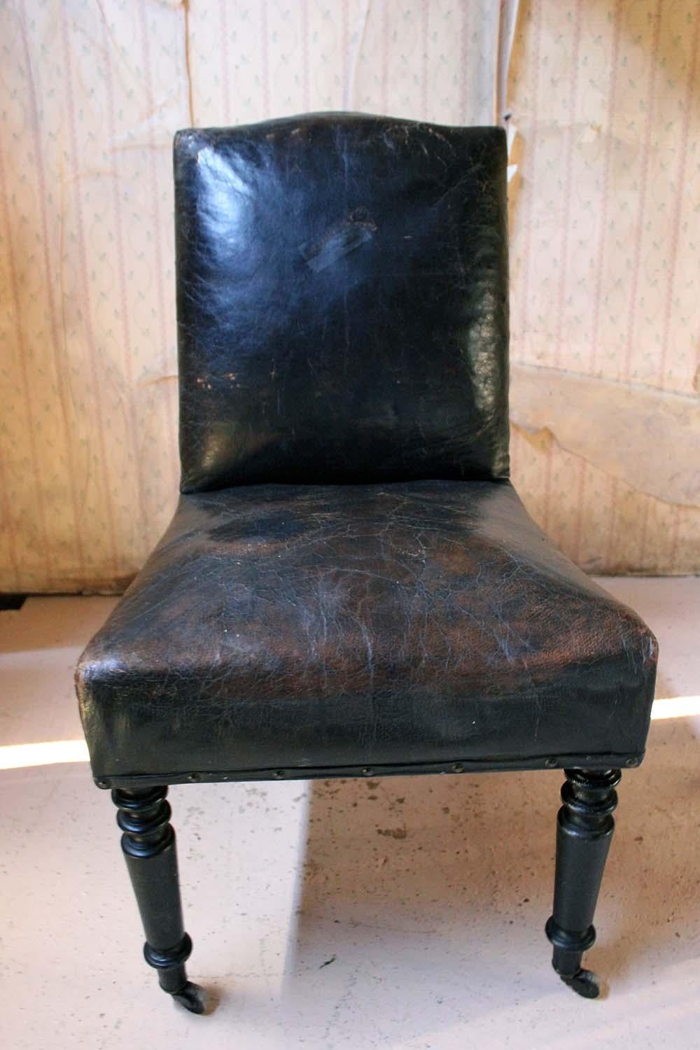 Pair of French Black Leather Upholstered and Ebonized Library Chairs, circa 1880 3