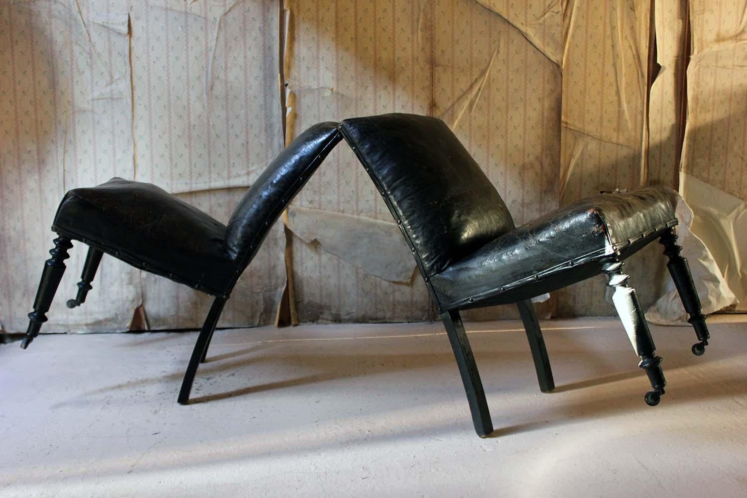 Pair of French Black Leather Upholstered and Ebonized Library Chairs, circa 1880 4