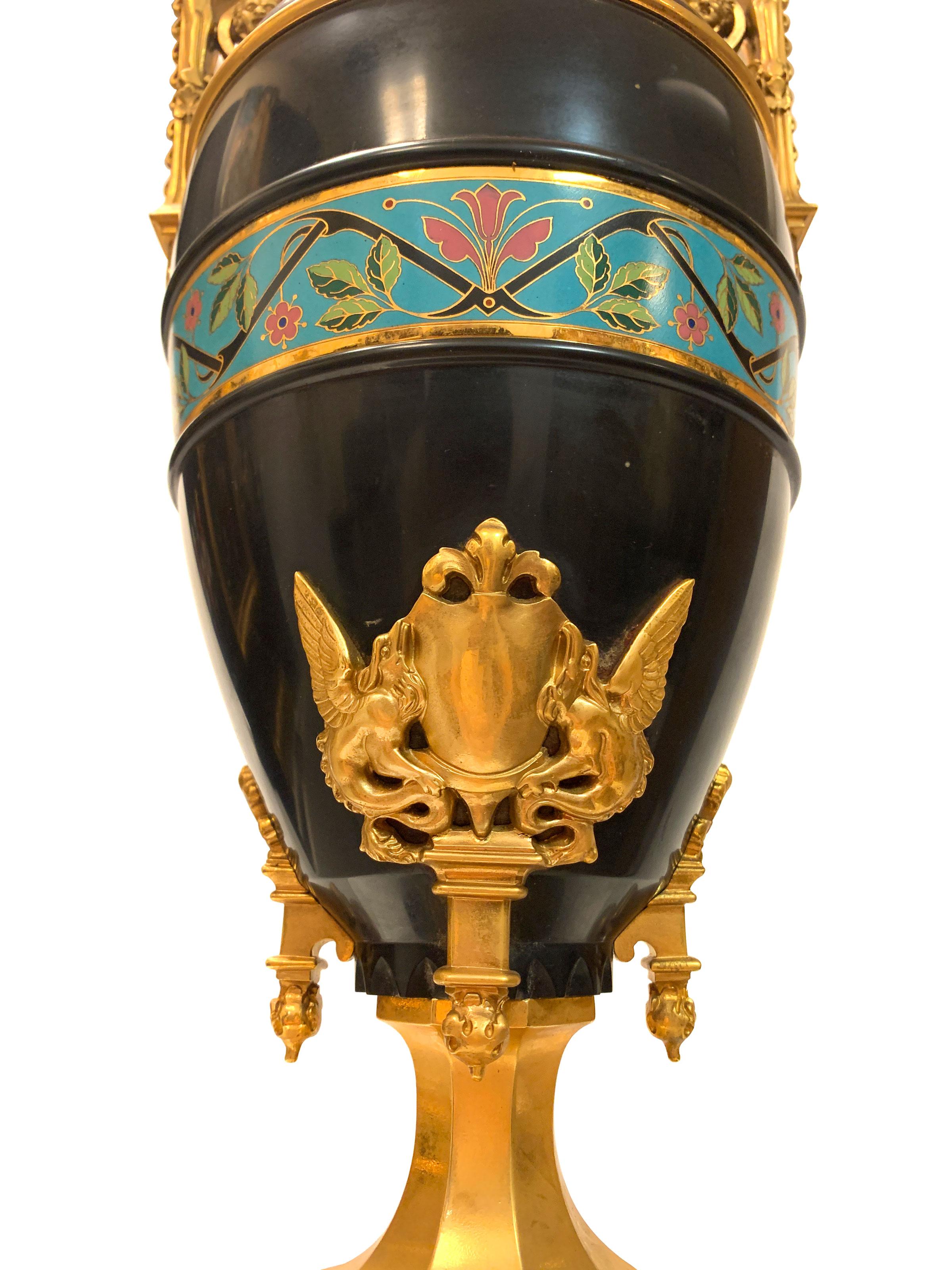Pair of French Black Marble & Champleve Enamel Gilt Bronze Vases by Eugene Cornu In Good Condition For Sale In Pasadena, CA