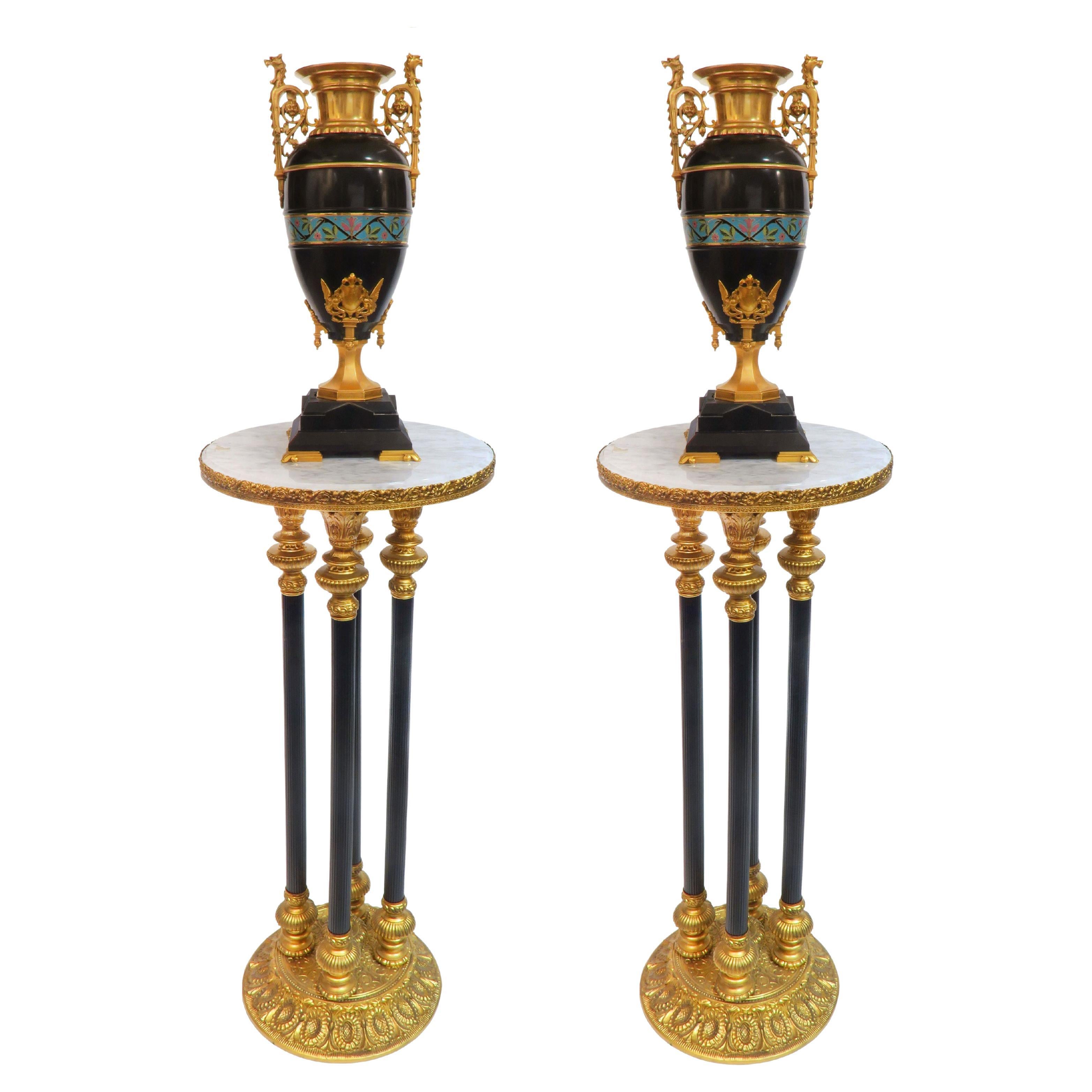 Pair of French Black Marble & Champleve Enamel Gilt Bronze Vases by Eugene Cornu For Sale
