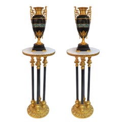 Pair of French Black Marble & Champleve Enamel Gilt Bronze Vases by Eugene Cornu