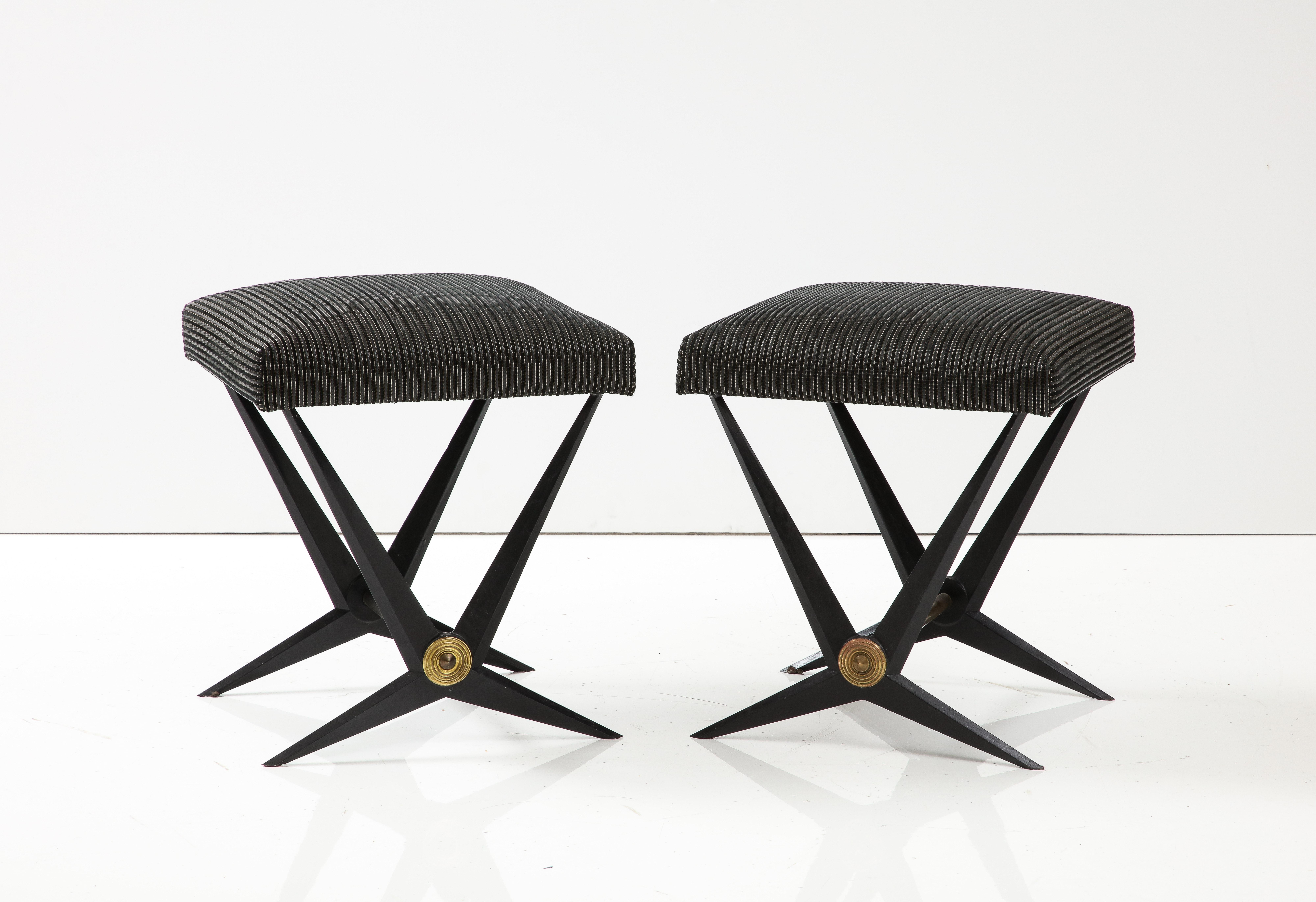  Pair Of French Black Mid-Century Benches With Brass Accents By Jacques Tournus For Sale 7