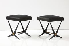 Pair Of French Black Mid-Century Benches With Brass Accents By Jacques Tournus