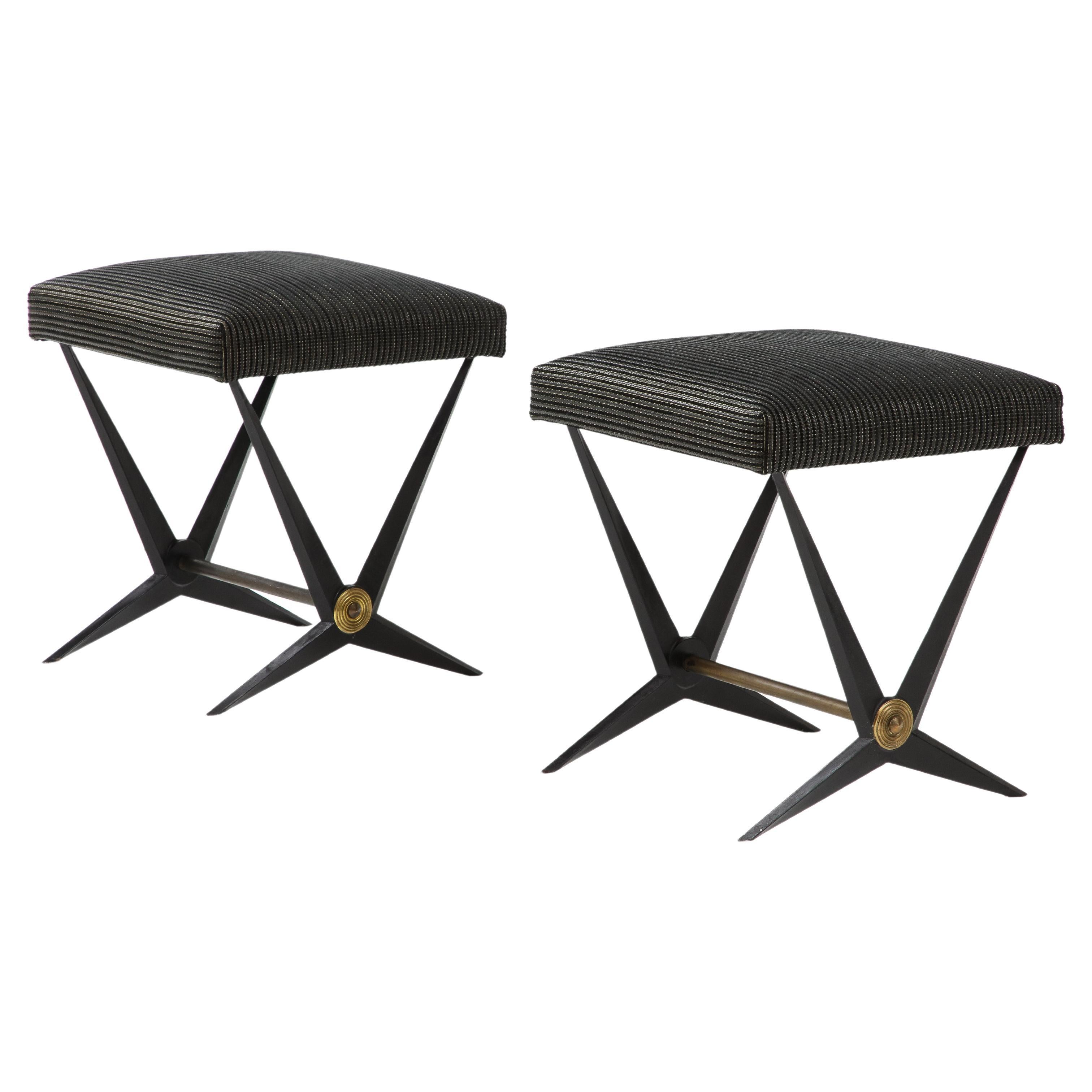  Pair Of French Black Mid-Century Benches With Brass Accents By Jacques Tournus For Sale