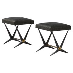  Pair Of French Black Mid-Century Benches With Brass Accents By Jacques Tournus