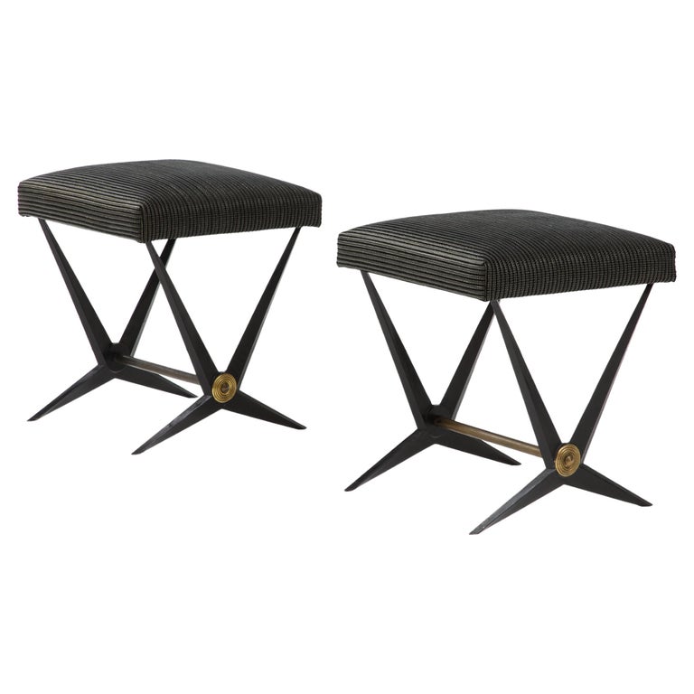 Pair Of French Black MidCentury Benches With Brass Accents By Jacques