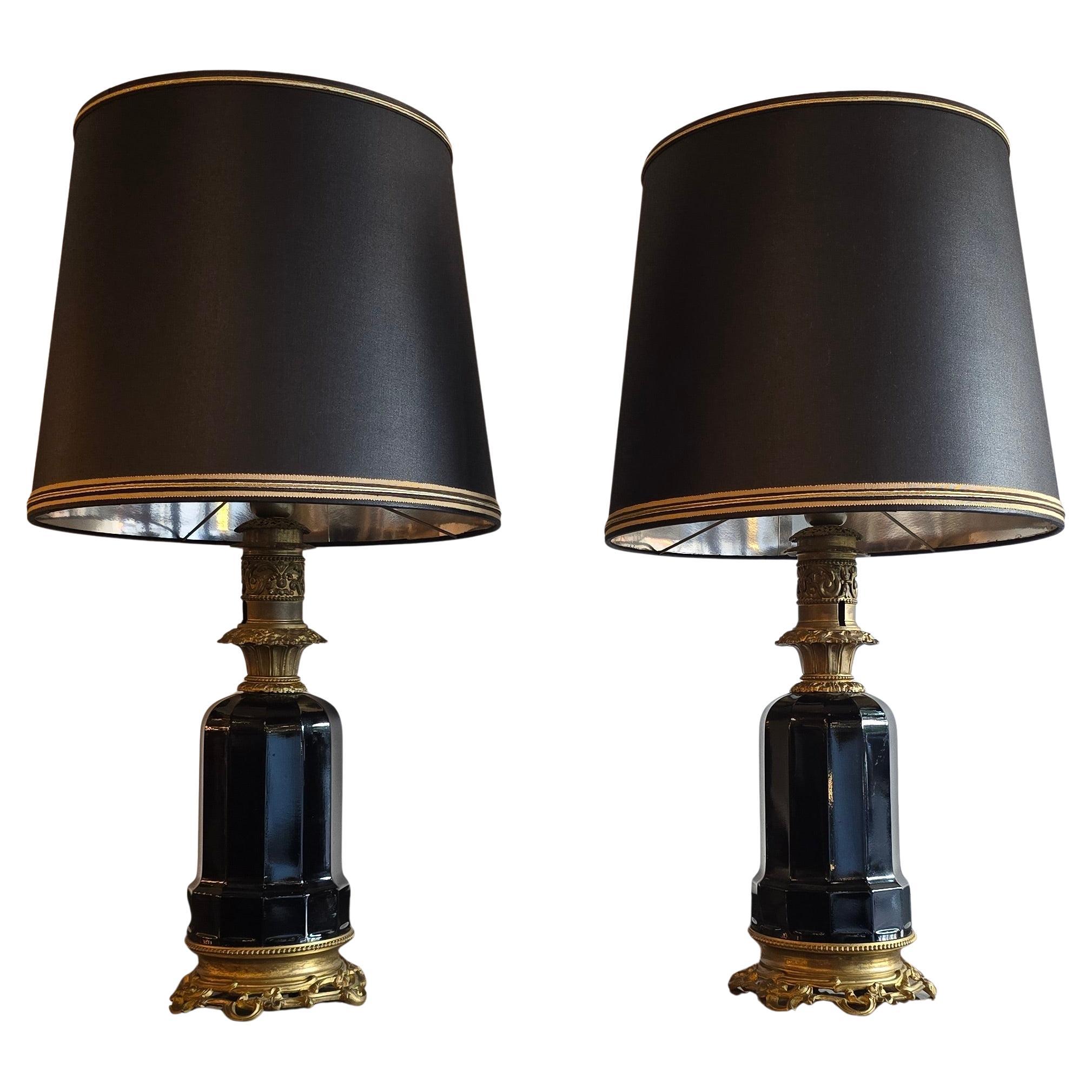 Pair of 19th-Century French Opaline and Gilt Bronze Table Lamps, circa 1870

A refined pair of antique French table lamps, once oil lamps, now gracefully adapted for modern living. Crafted in the late 19th century, these pieces unite deep black