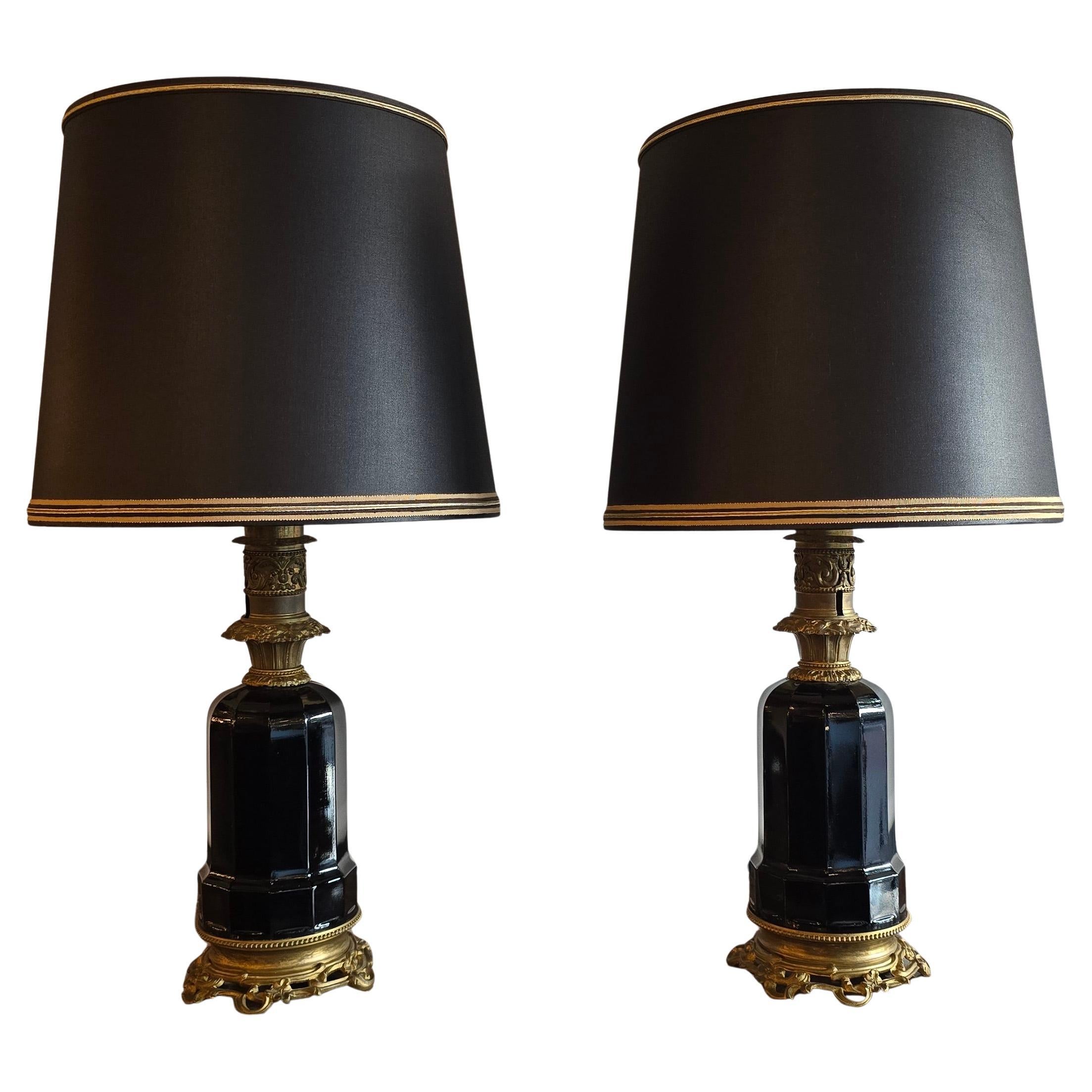 Pair of French Black Opaline and Gilt Bronze Table Lamps, circa 1870