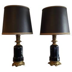 Antique Pair of French Black Opaline and Gilt Bronze Table Lamps, circa 1870