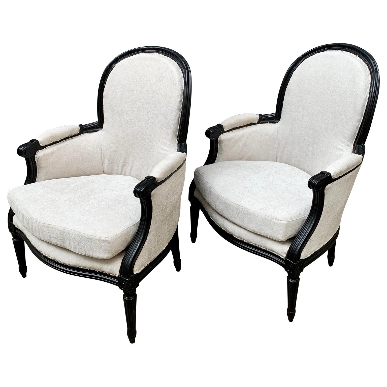 Hand-Painted Pair of French Black Painted Louis XVI Styler Bergère Armchairs