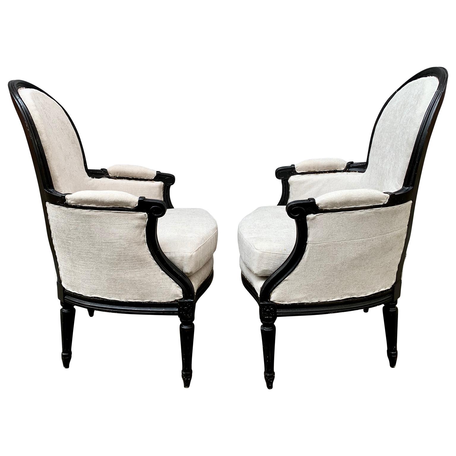 Pair of French Black Painted Louis XVI Styler Bergère Armchairs In Good Condition In Haddonfield, NJ