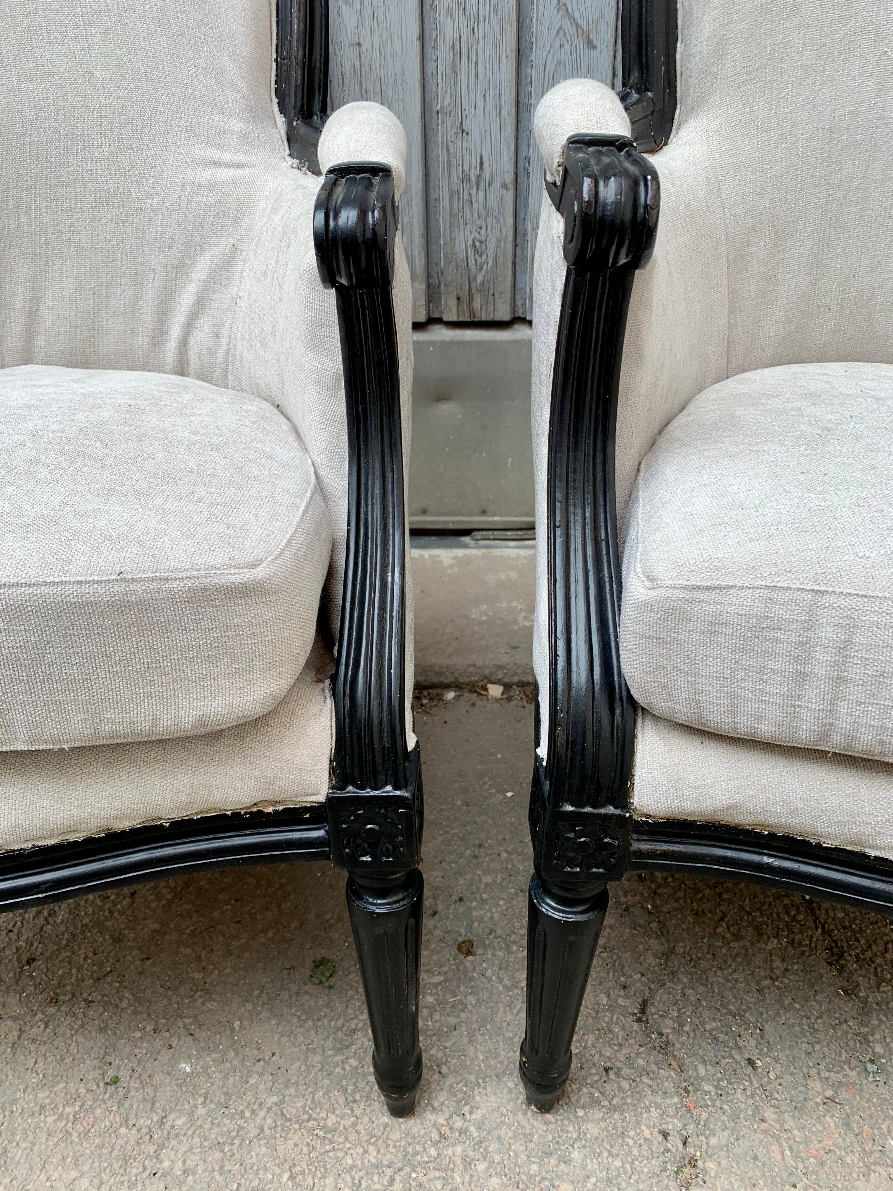 Pair of French Black Painted Louis XVI Styler Bergère Armchairs 1