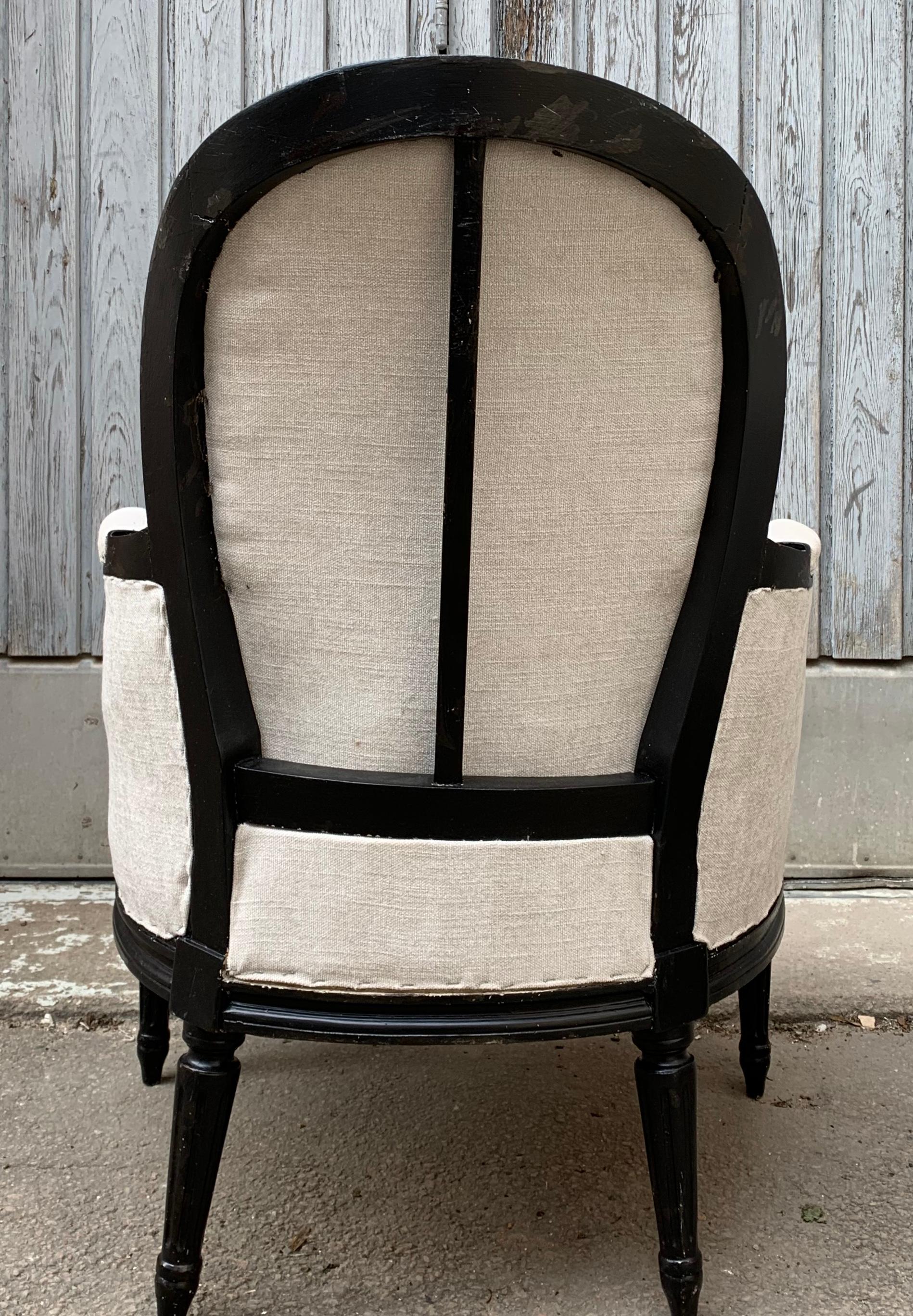 Pair of French Black Painted Louis XVI Styler Bergère Armchairs 3