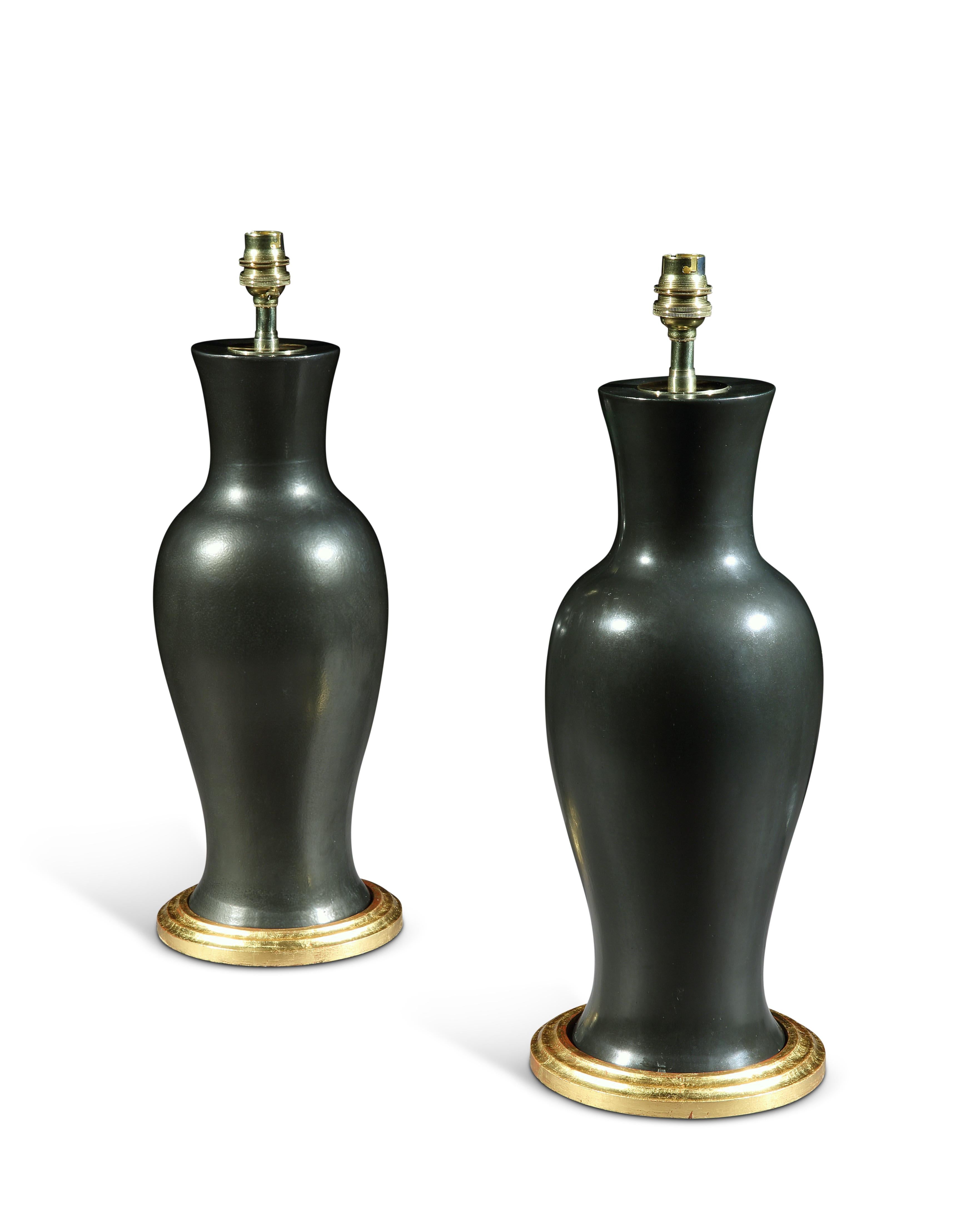 Pair of English Black Porcelain Baluster Table Lamps, circa 1950 For Sale 1