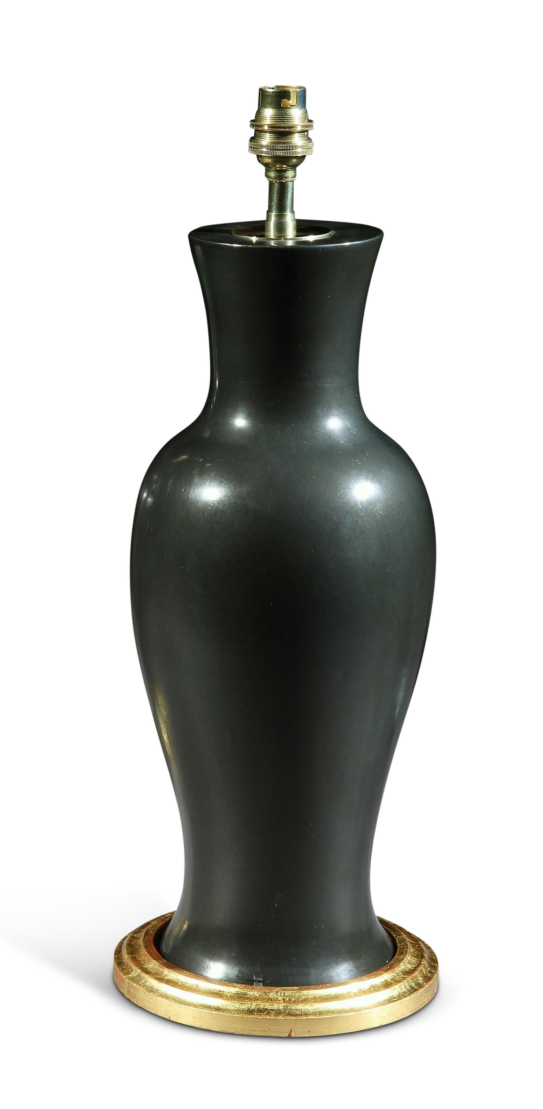 Pair of English Black Porcelain Baluster Table Lamps, circa 1950 For Sale 2