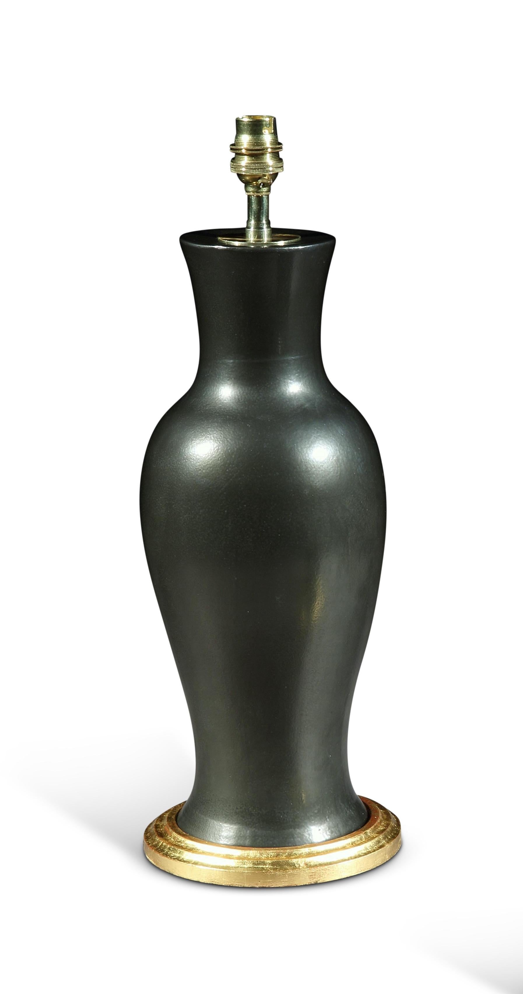 Pair of English Black Porcelain Baluster Table Lamps, circa 1950 For Sale 3