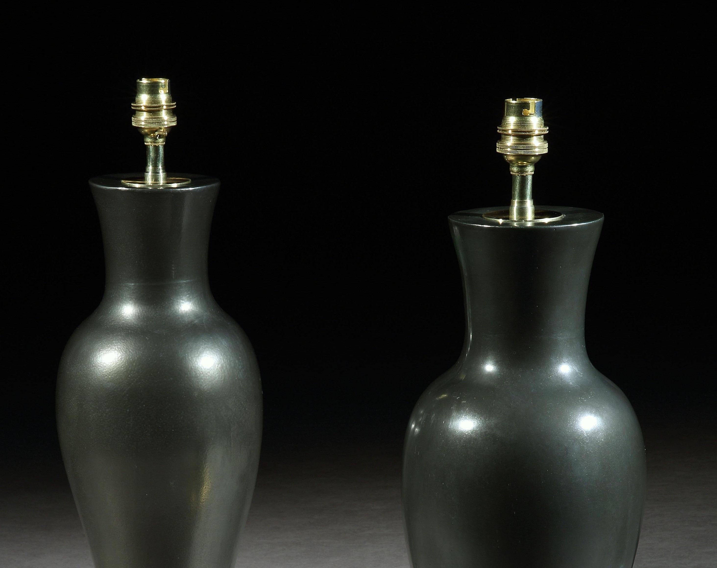 Pair of English Black Porcelain Baluster Table Lamps, circa 1950 For Sale 4