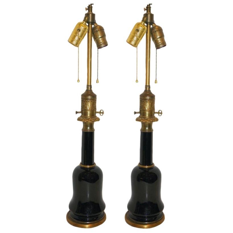 Pair of French Black Porcelain Lamps For Sale