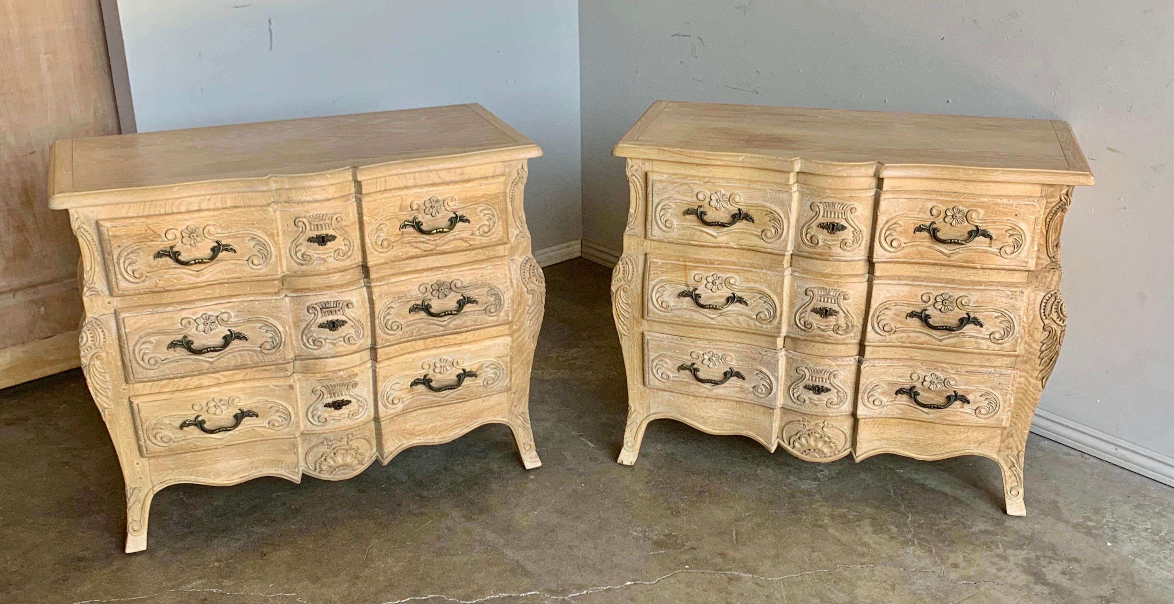 Hand-Carved Pair of French Bleached Chest of Drawers, Mid 20th Century