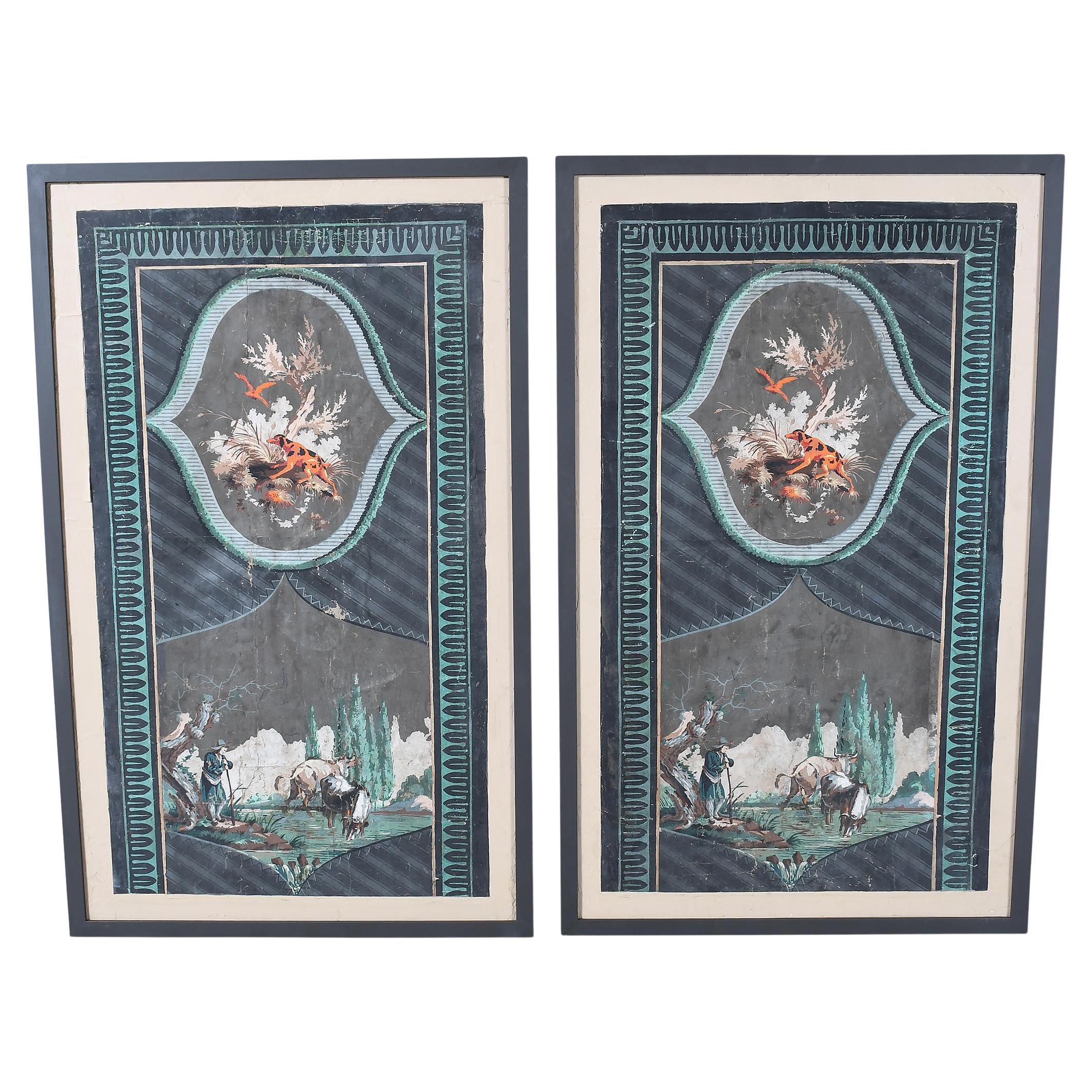 Pair of French Block-Printed Wallpaper Panels