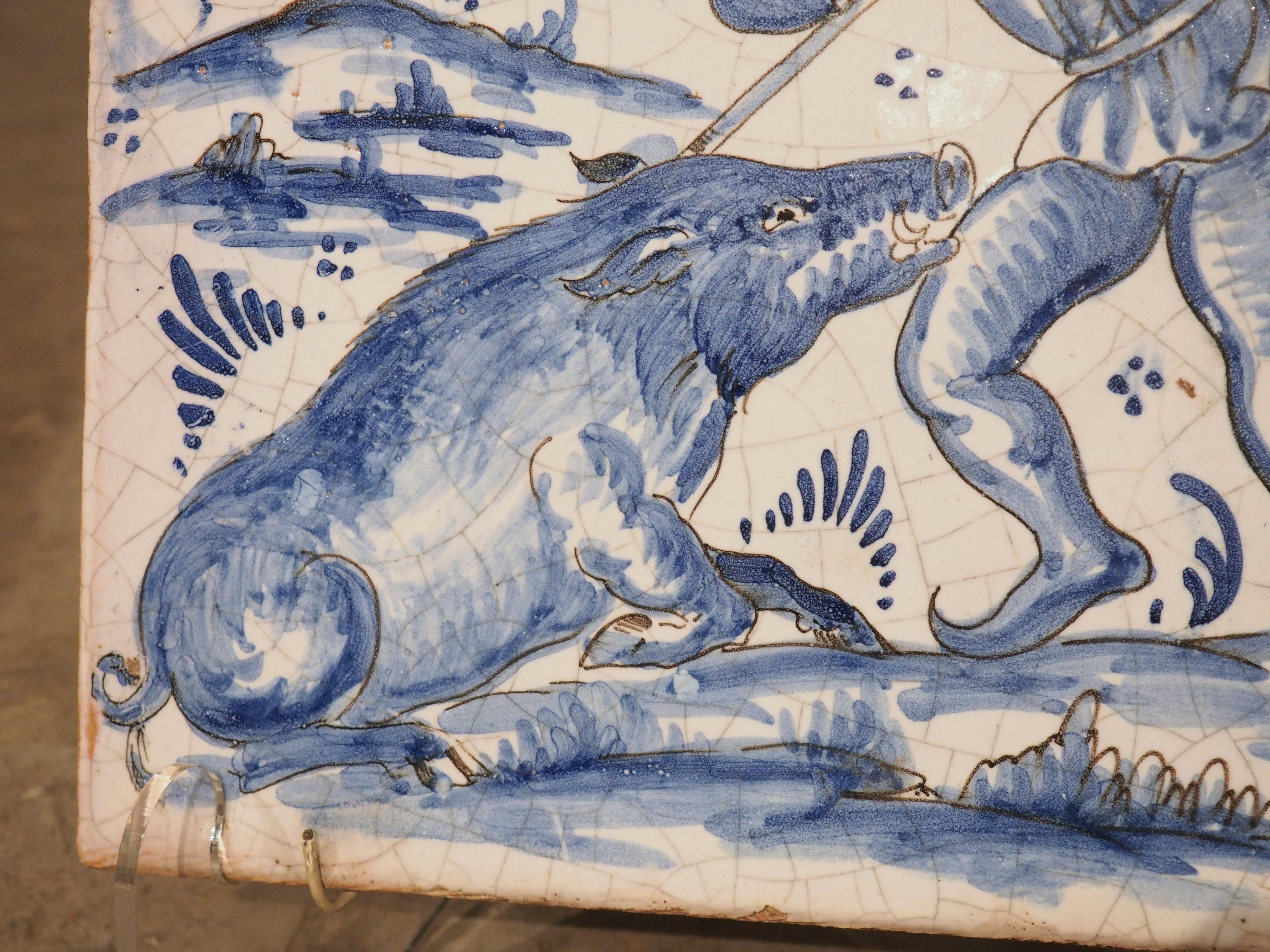 Pair of French Blue and White Ceramic Hunting Scene Tiles, 19th Century For Sale 6