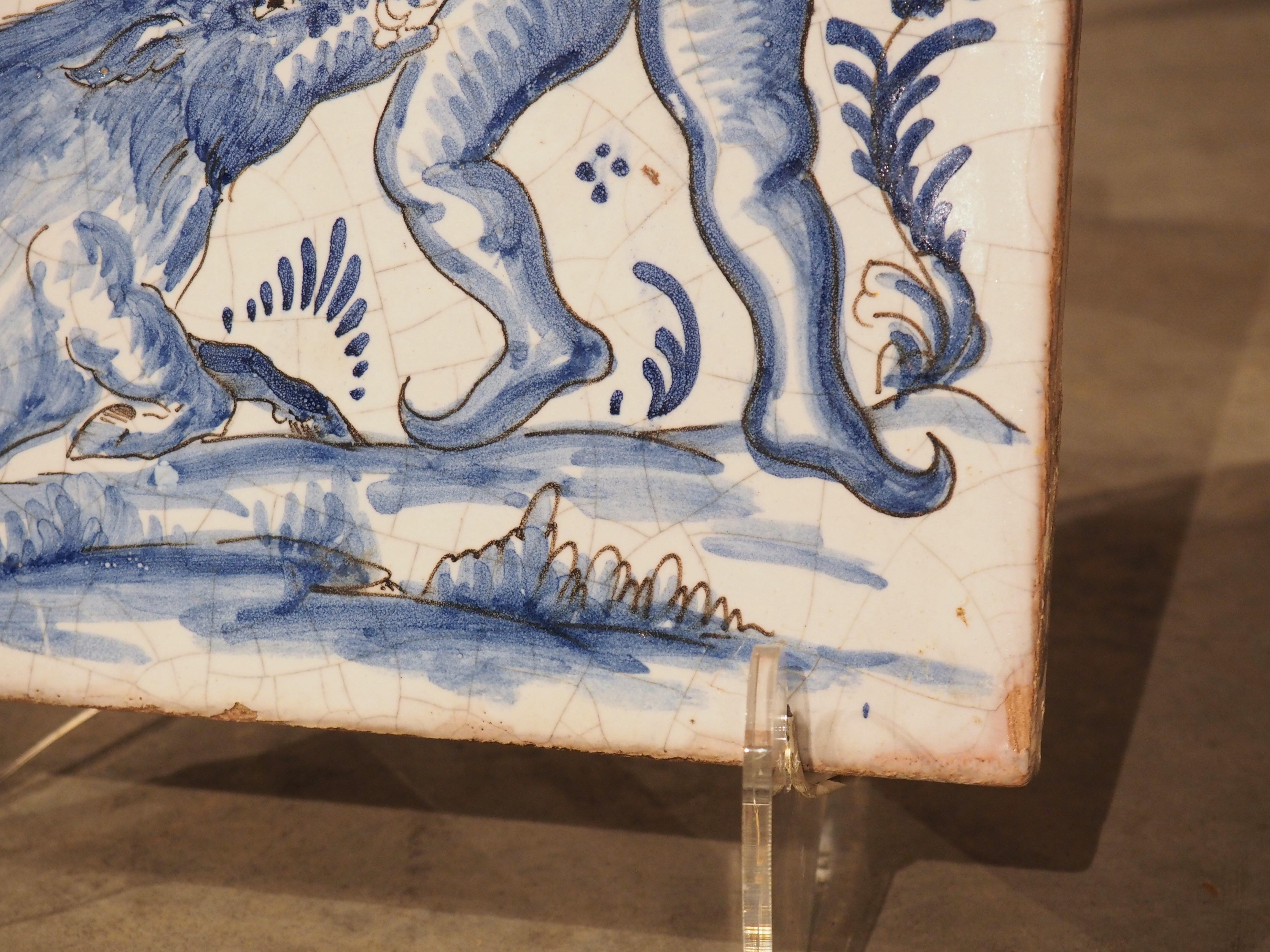 Pair of French Blue and White Ceramic Hunting Scene Tiles, 19th Century For Sale 7