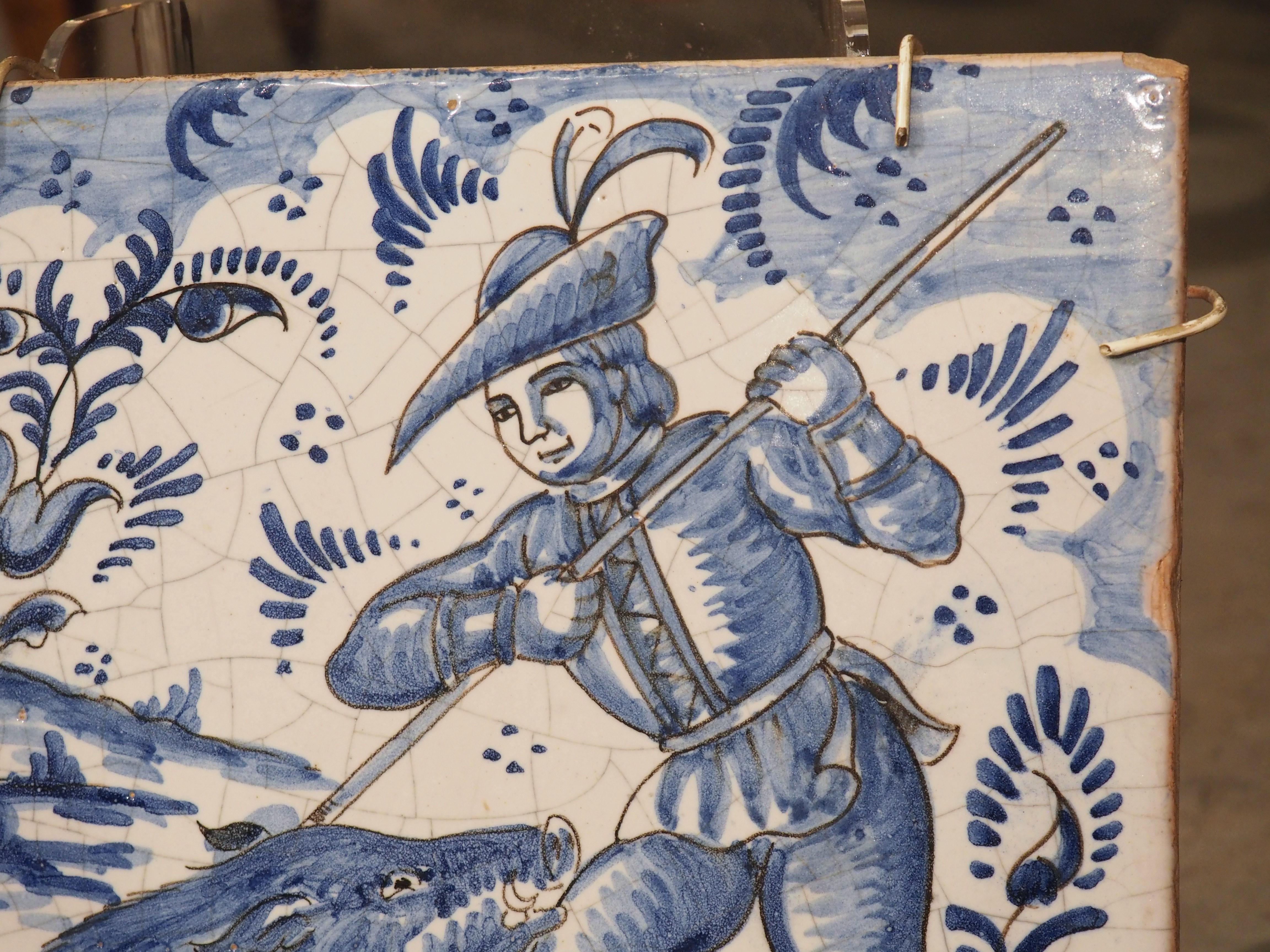 Pair of French Blue and White Ceramic Hunting Scene Tiles, 19th Century For Sale 8