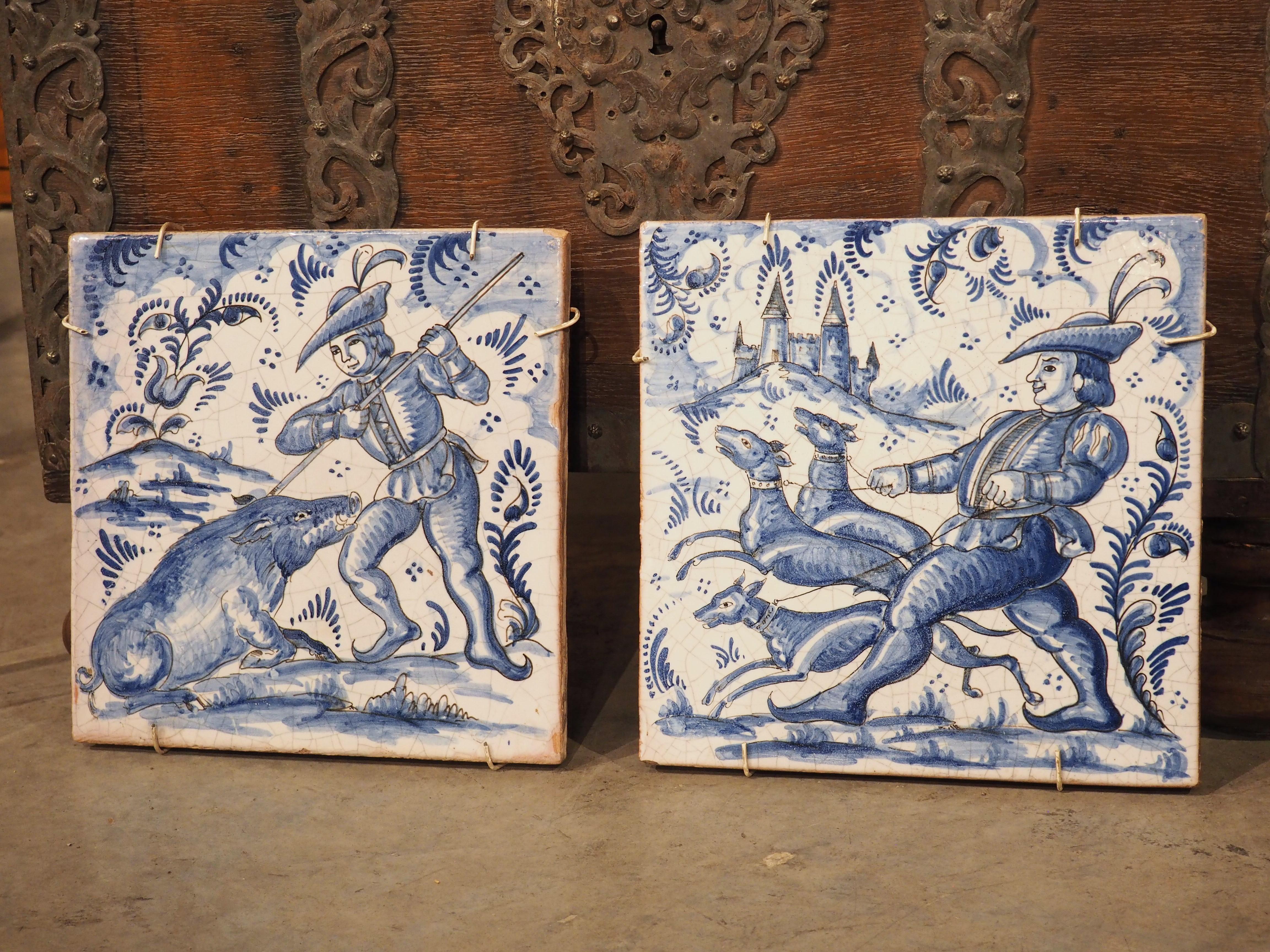 Reminiscent of 17th-century Portuguese azulejo tiles, which were inspired by Delft products of the Netherlands, this pair of French ceramic tiles has a cobalt blue and white color scheme. The roughly square tiles, which are from the 1800s, depict