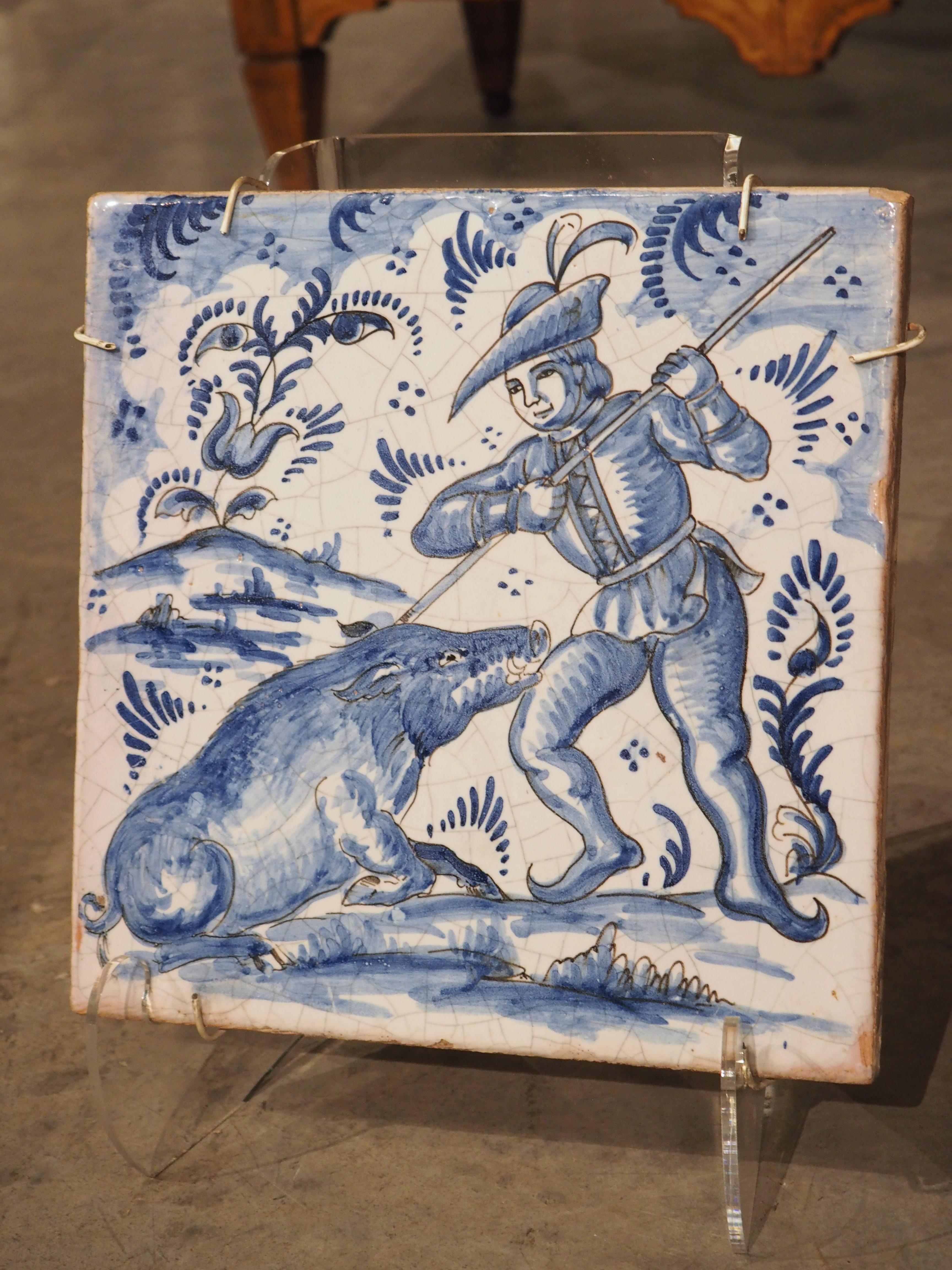 Hand-Painted Pair of French Blue and White Ceramic Hunting Scene Tiles, 19th Century For Sale