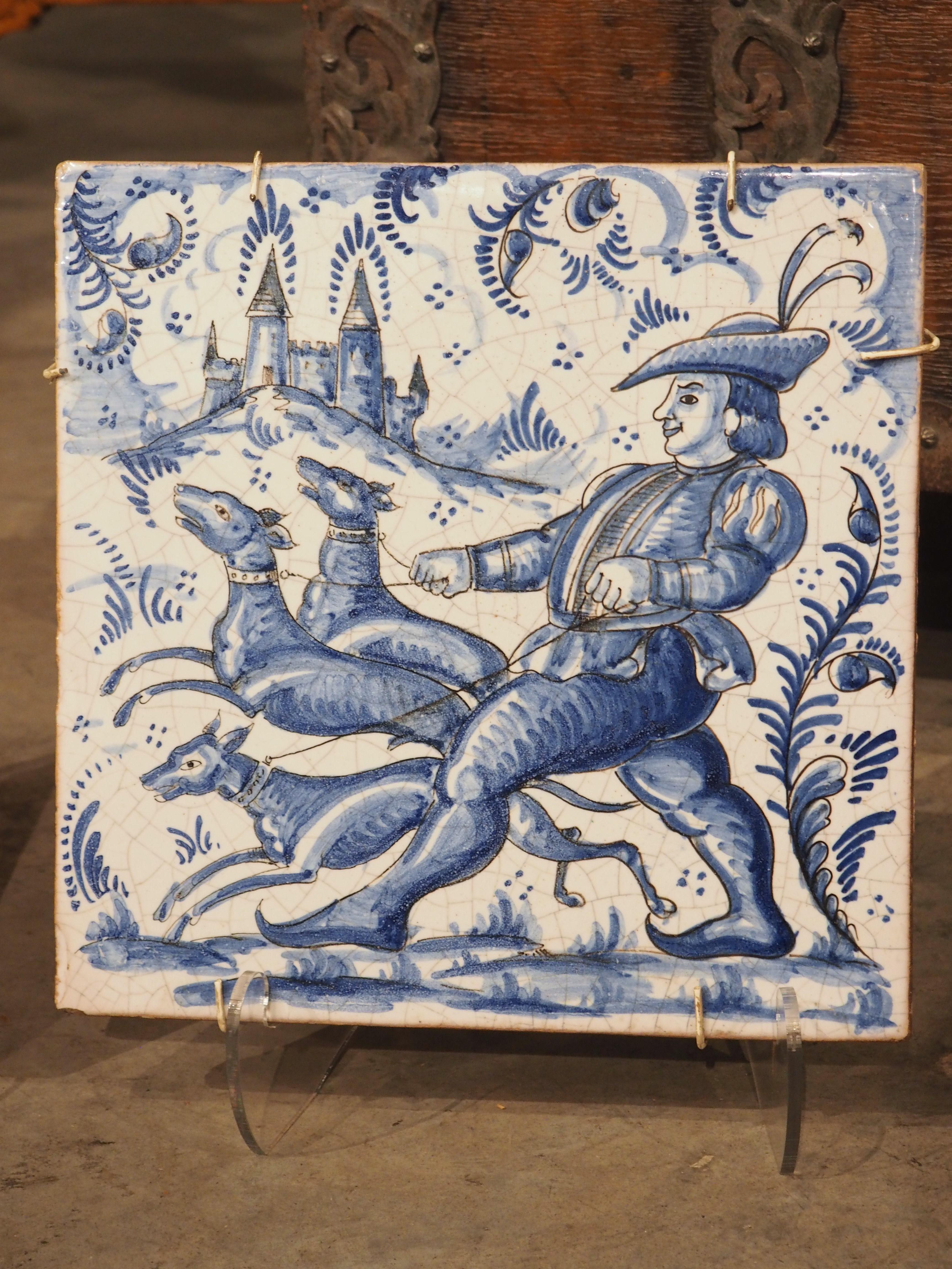 Pair of French Blue and White Ceramic Hunting Scene Tiles, 19th Century In Good Condition For Sale In Dallas, TX