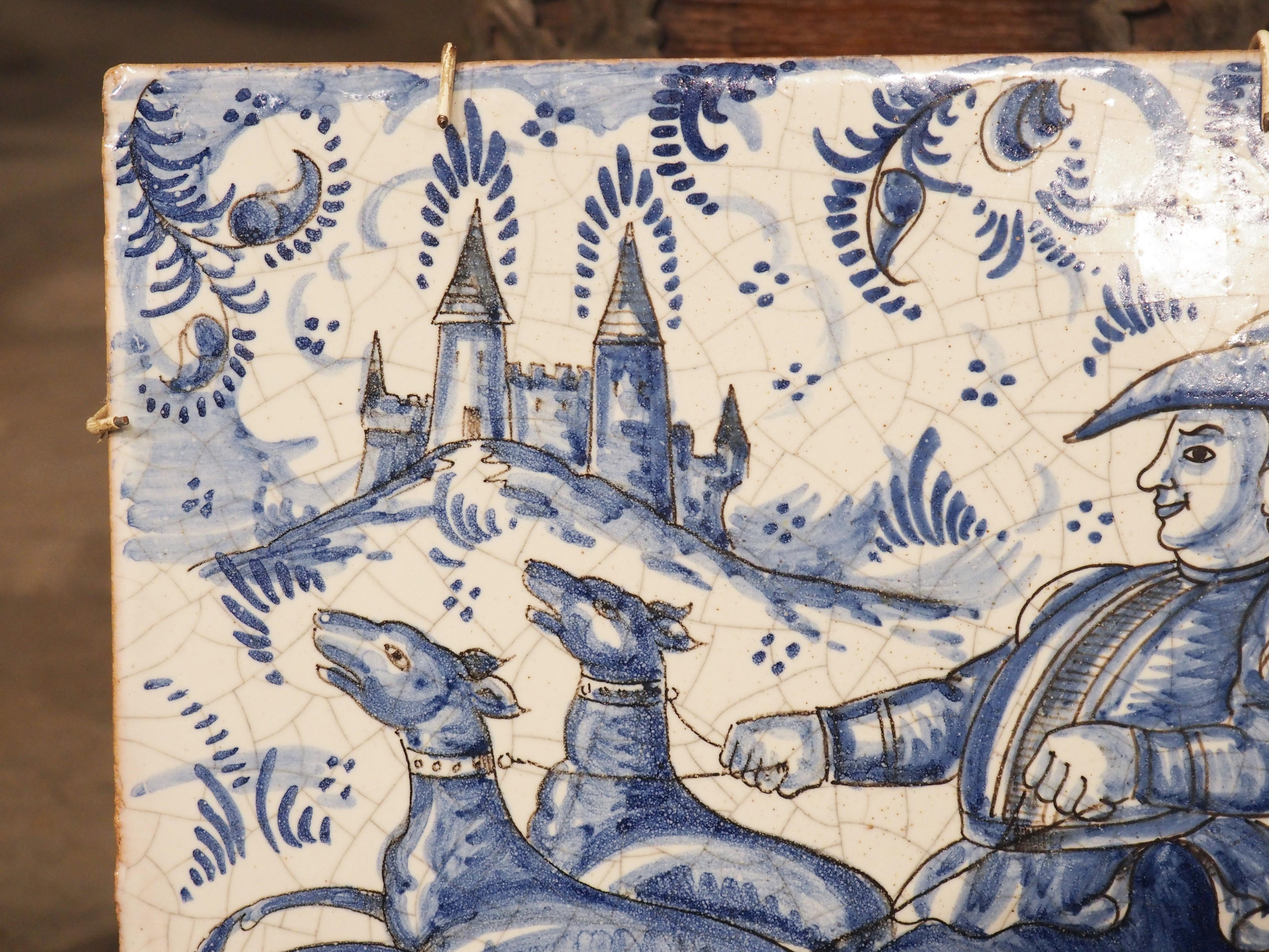 Pair of French Blue and White Ceramic Hunting Scene Tiles, 19th Century For Sale 1
