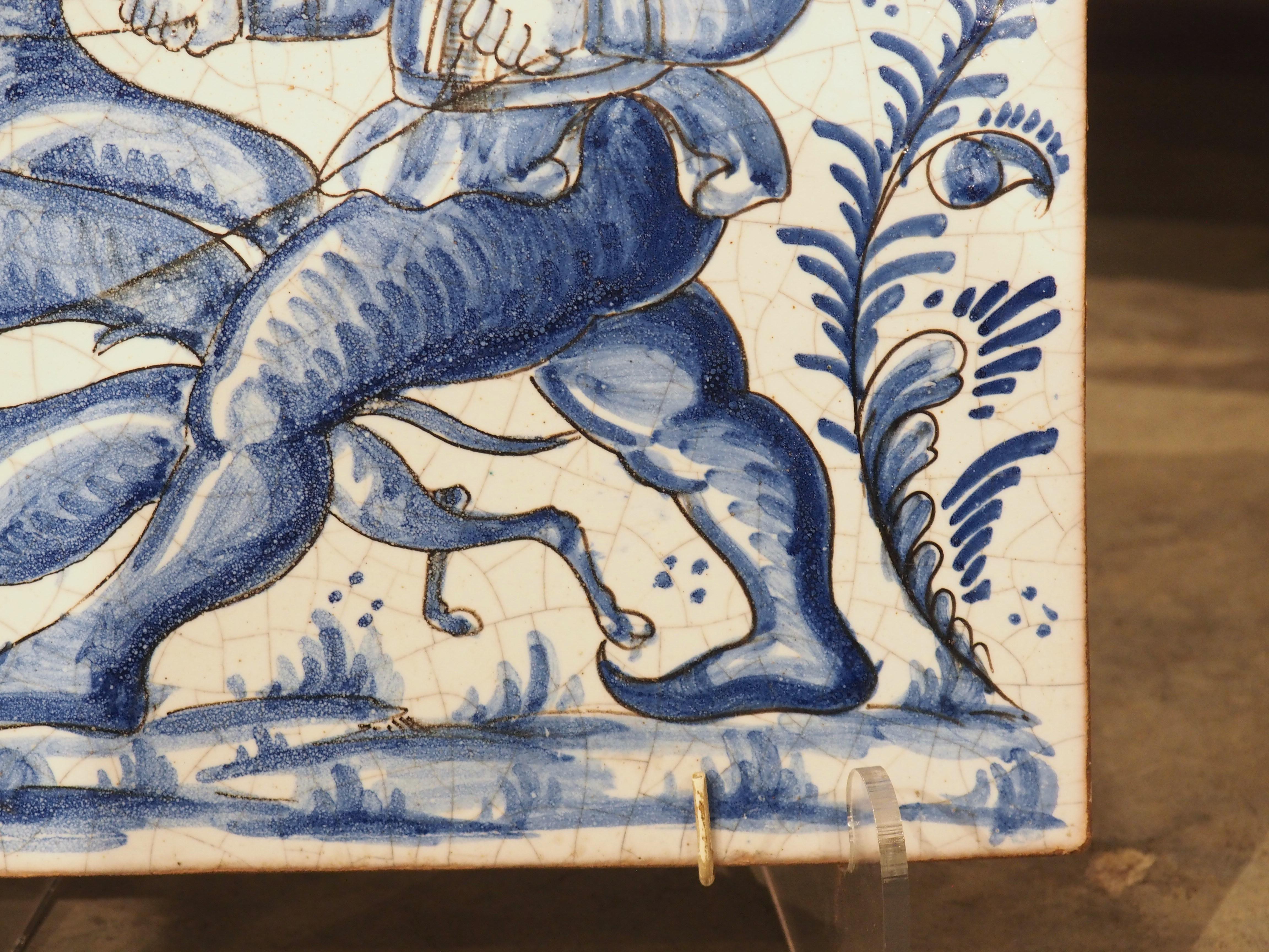 Pair of French Blue and White Ceramic Hunting Scene Tiles, 19th Century For Sale 3