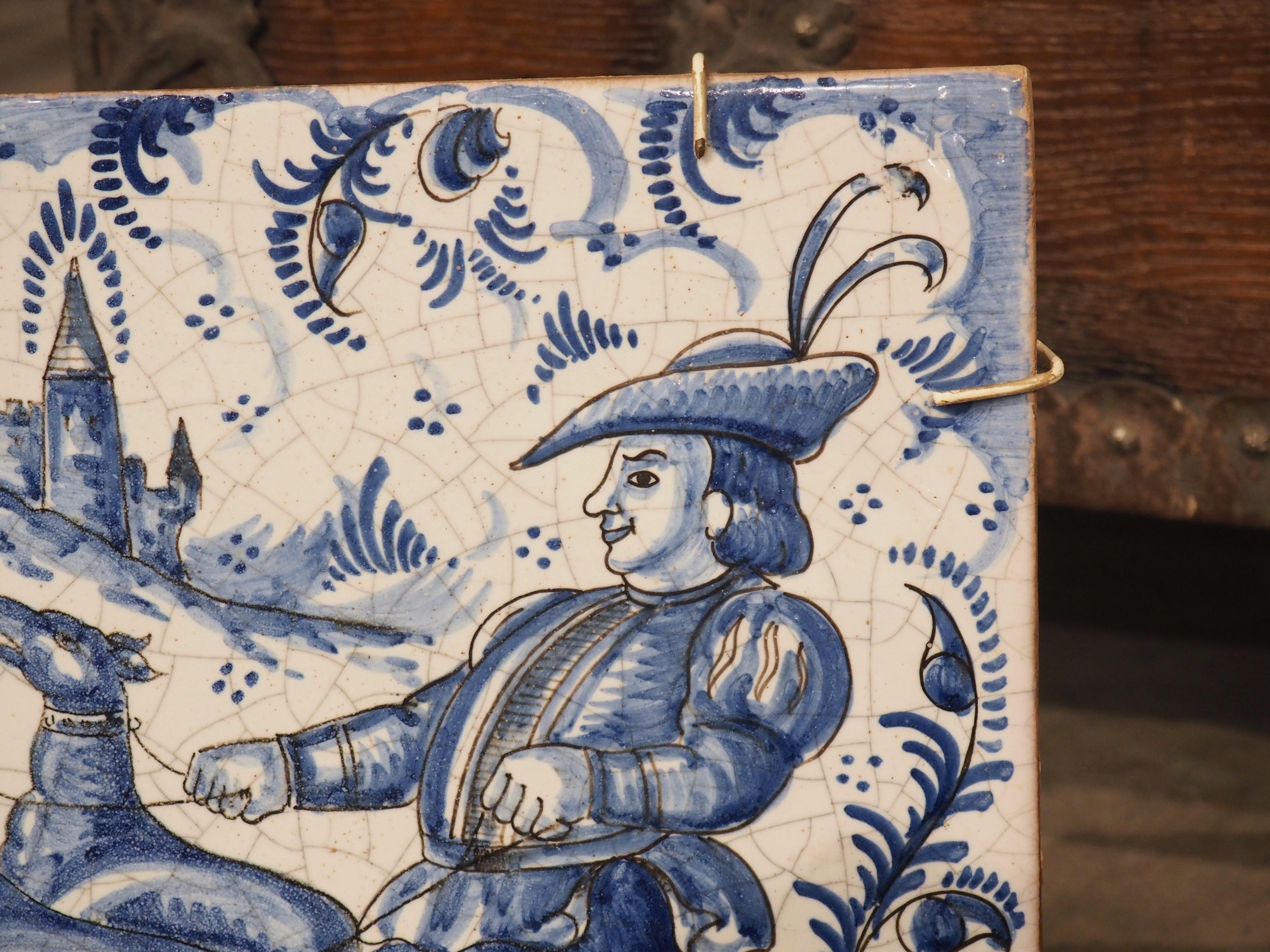 Pair of French Blue and White Ceramic Hunting Scene Tiles, 19th Century For Sale 4