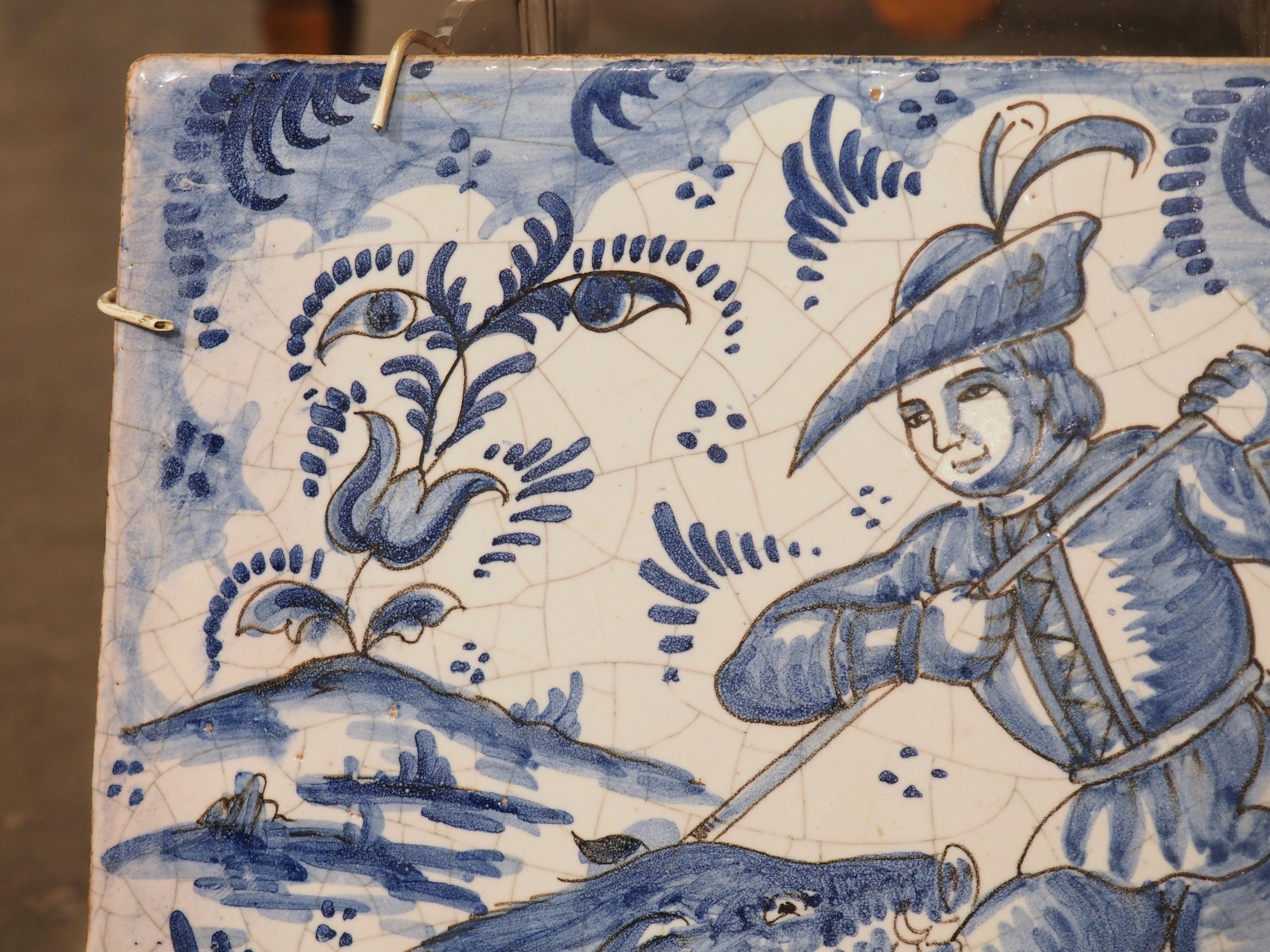 Pair of French Blue and White Ceramic Hunting Scene Tiles, 19th Century For Sale 5
