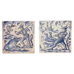 Used Pair of French Blue and White Ceramic Hunting Scene Tiles, 19th Century