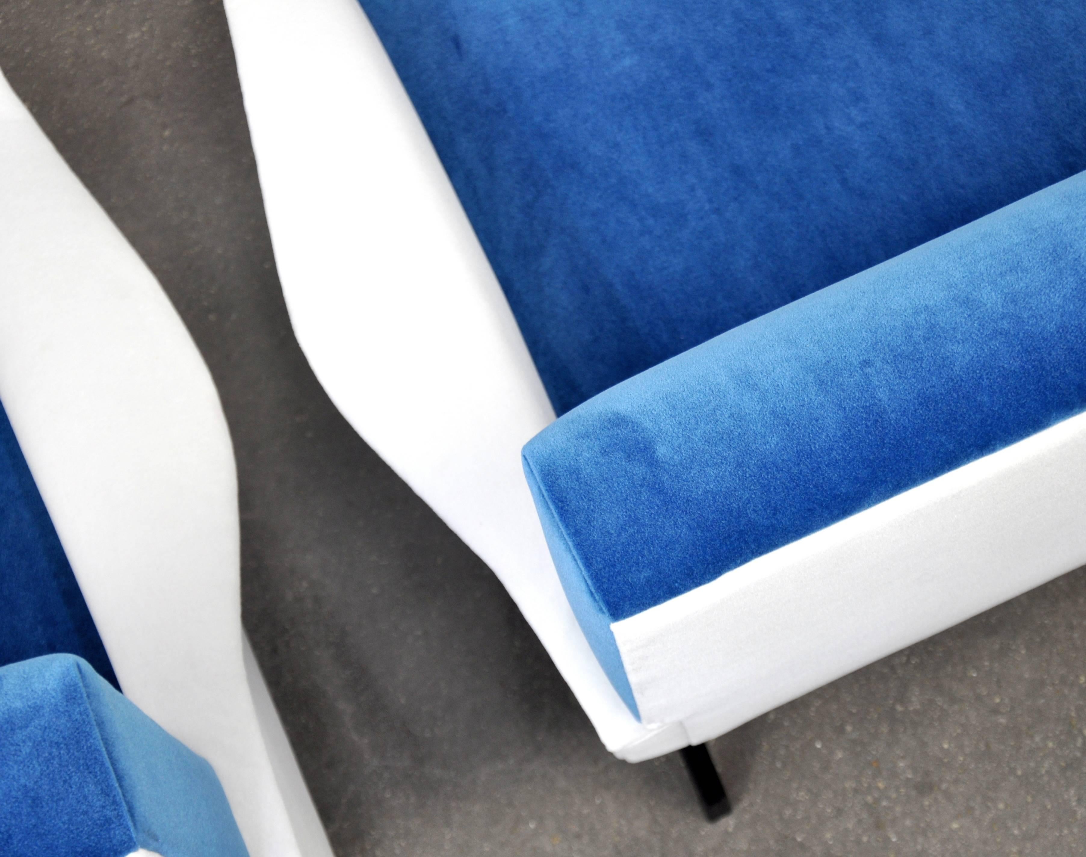 Mid-Century Modern Marco Zanuso Style Blue and White Velvet Lounge Chairs, 1950s
