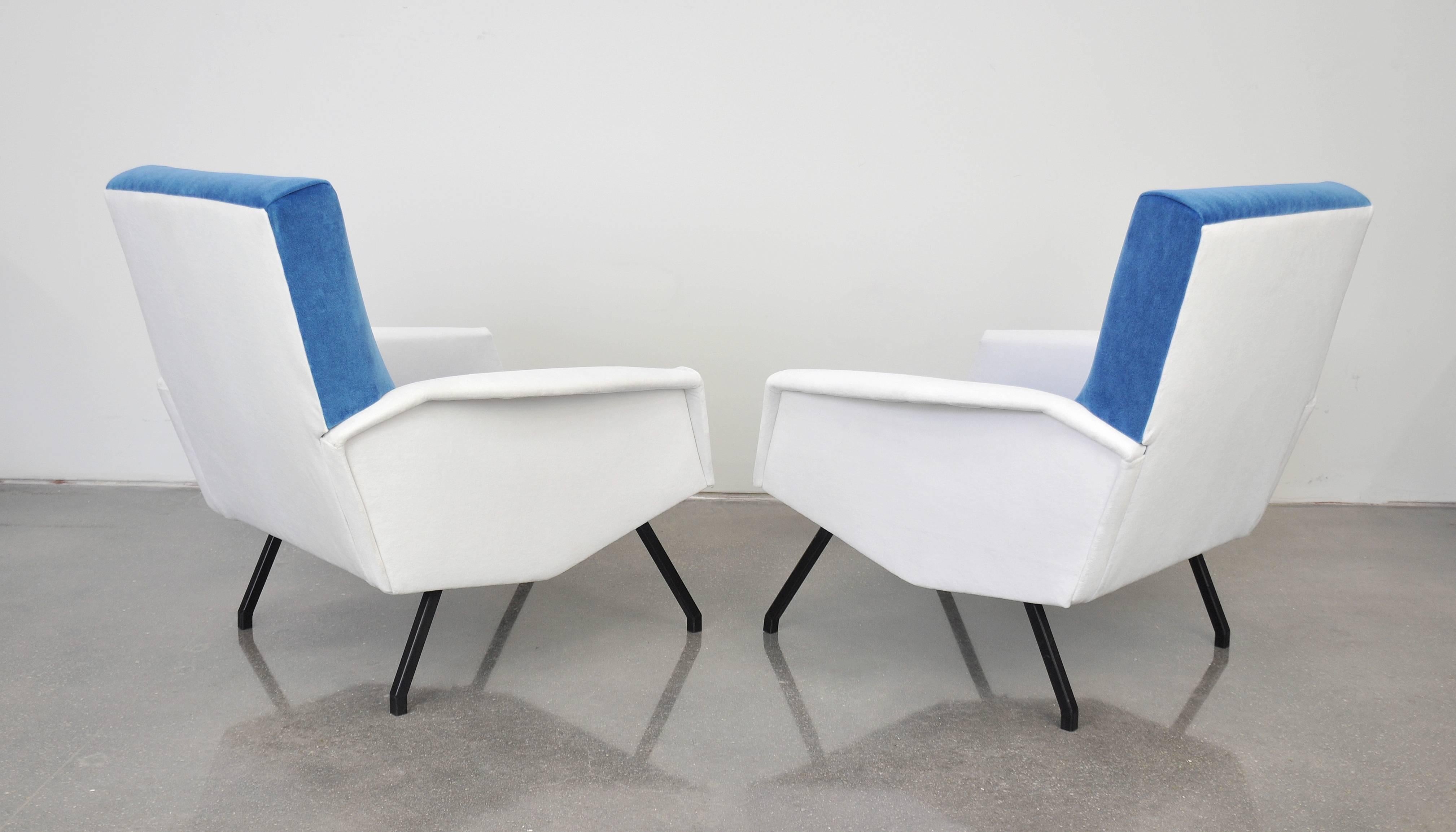 Pair of MidCentury Blue and White Velvet Lounge Chairs, France, 1950s For Sale at 1stDibs