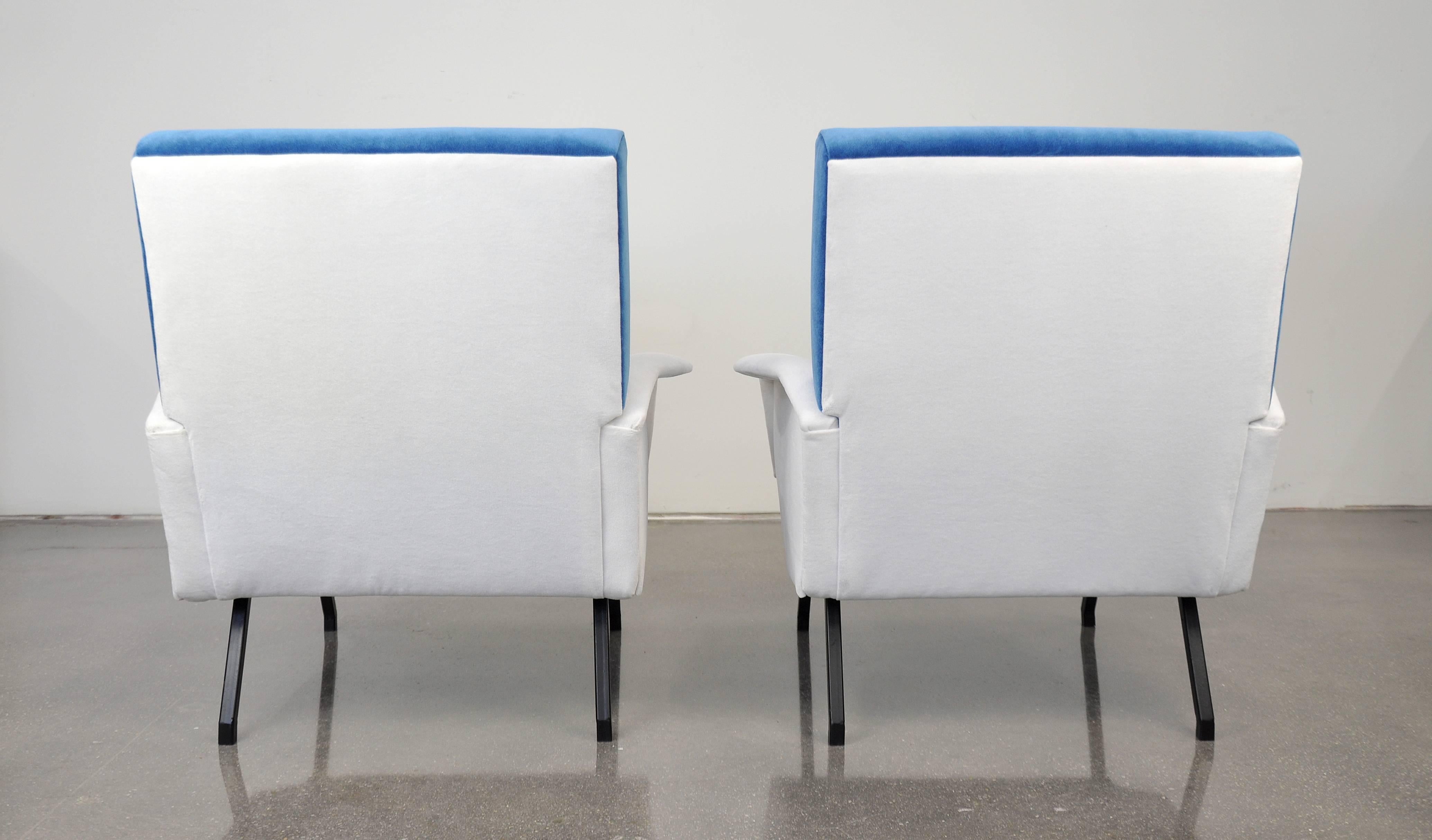 Marco Zanuso Style Blue and White Velvet Lounge Chairs, 1950s 1