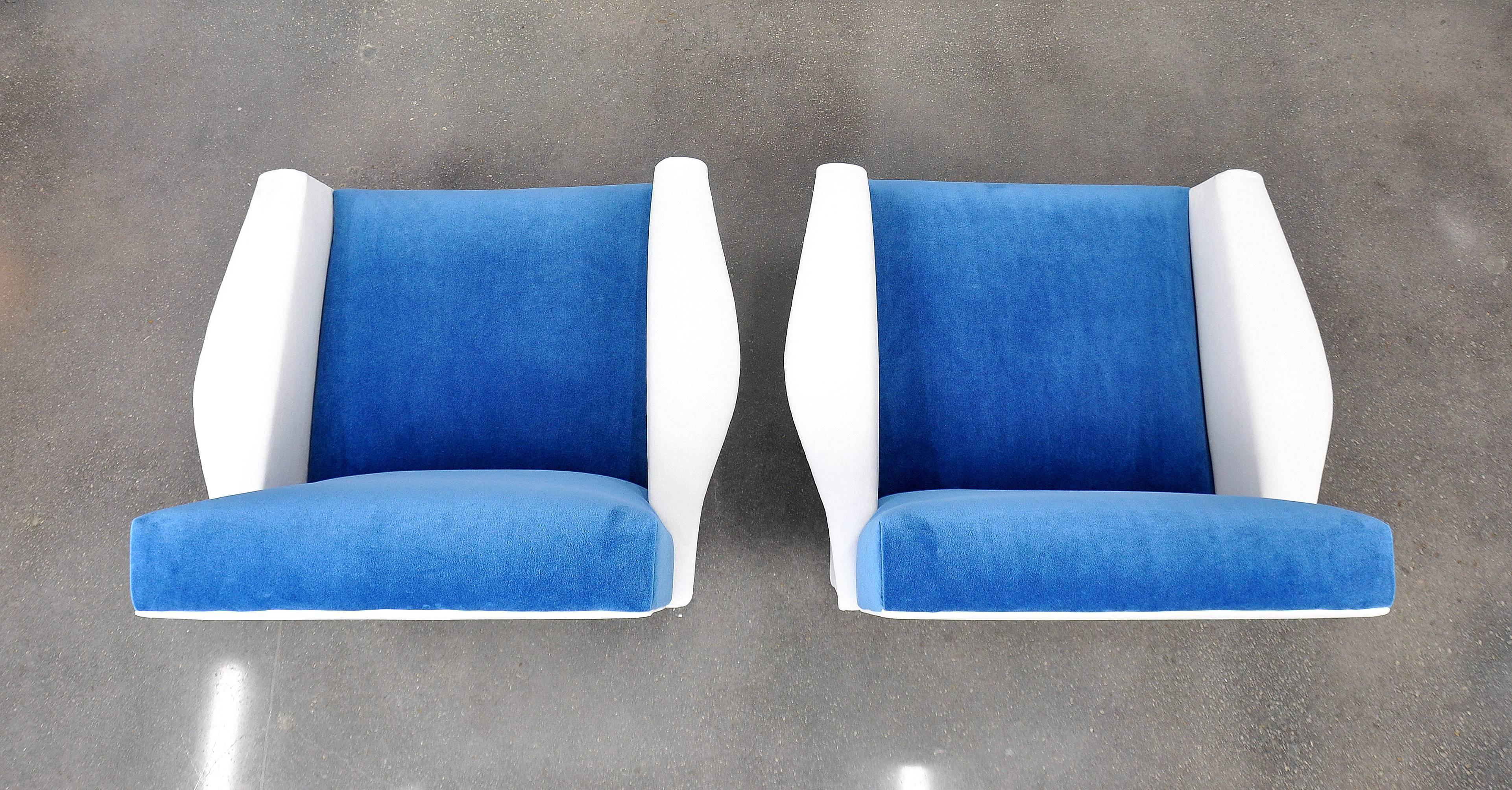 Marco Zanuso Style Blue and White Velvet Lounge Chairs, 1950s 4