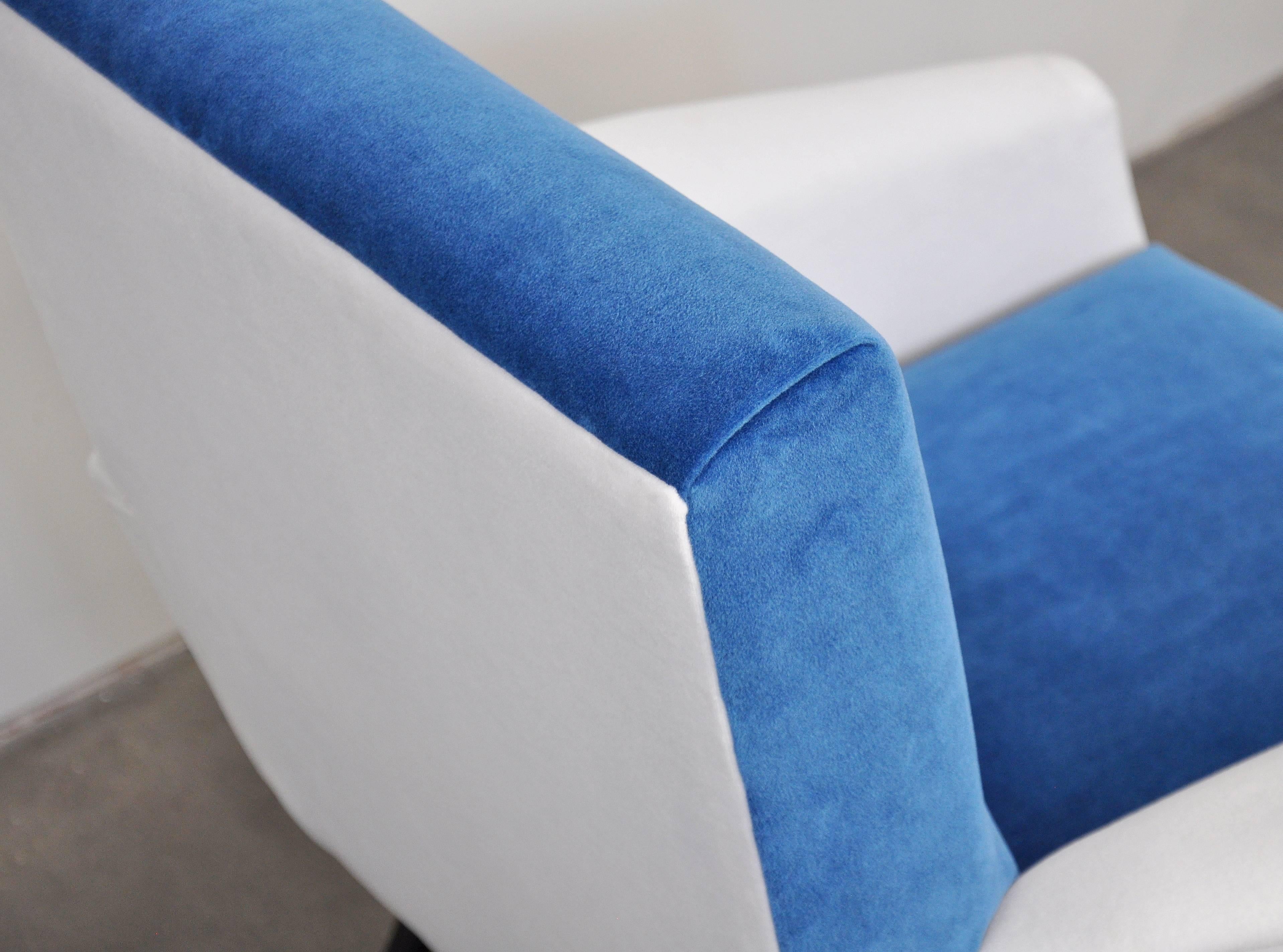 Italian Marco Zanuso Style Blue and White Velvet Lounge Chairs, 1950s