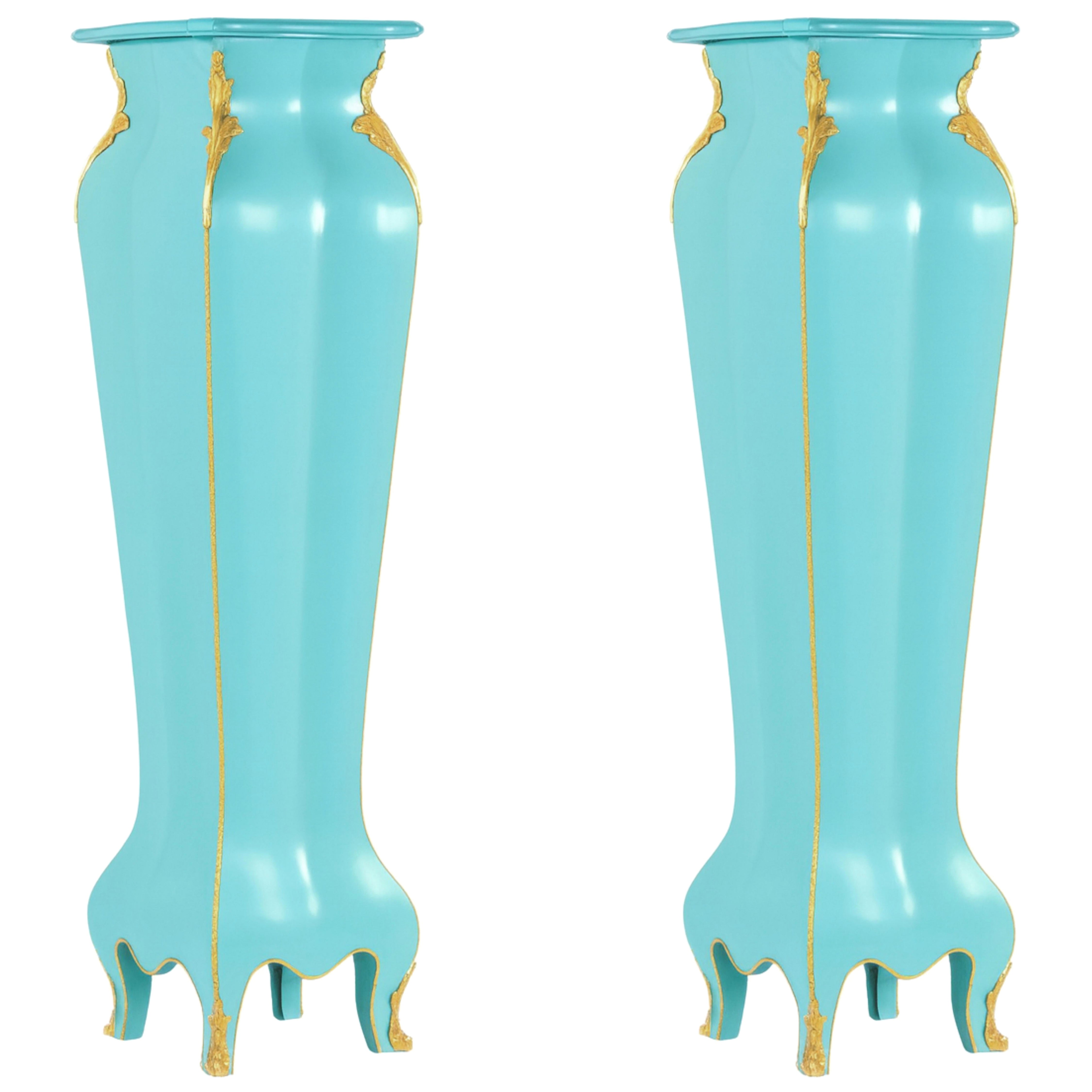 Coppia di piedistalli a colonna Luigi XVI di colore blu uovo francese, XIX secolo in vendita