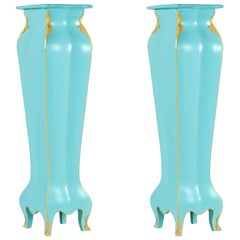 Coppia di piedistalli a colonna Luigi XVI di colore blu uovo francese, XIX secolo