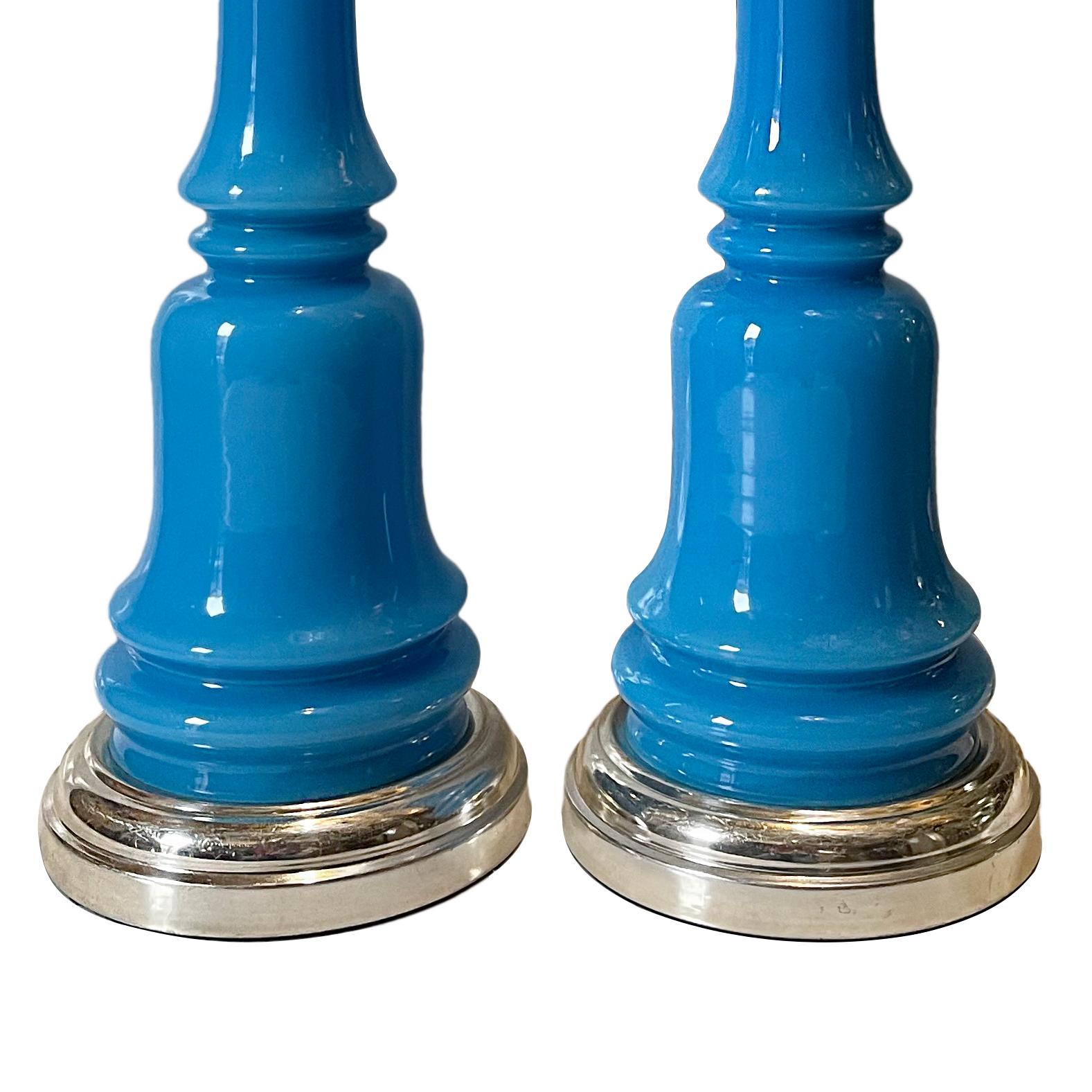 Plated Pair of French Blue Glass Table Lamp