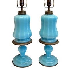 Pair of French Blue Opaline Glass Table Lamps
