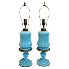 Pair of French Blue Opaline Glass Table Lamps
