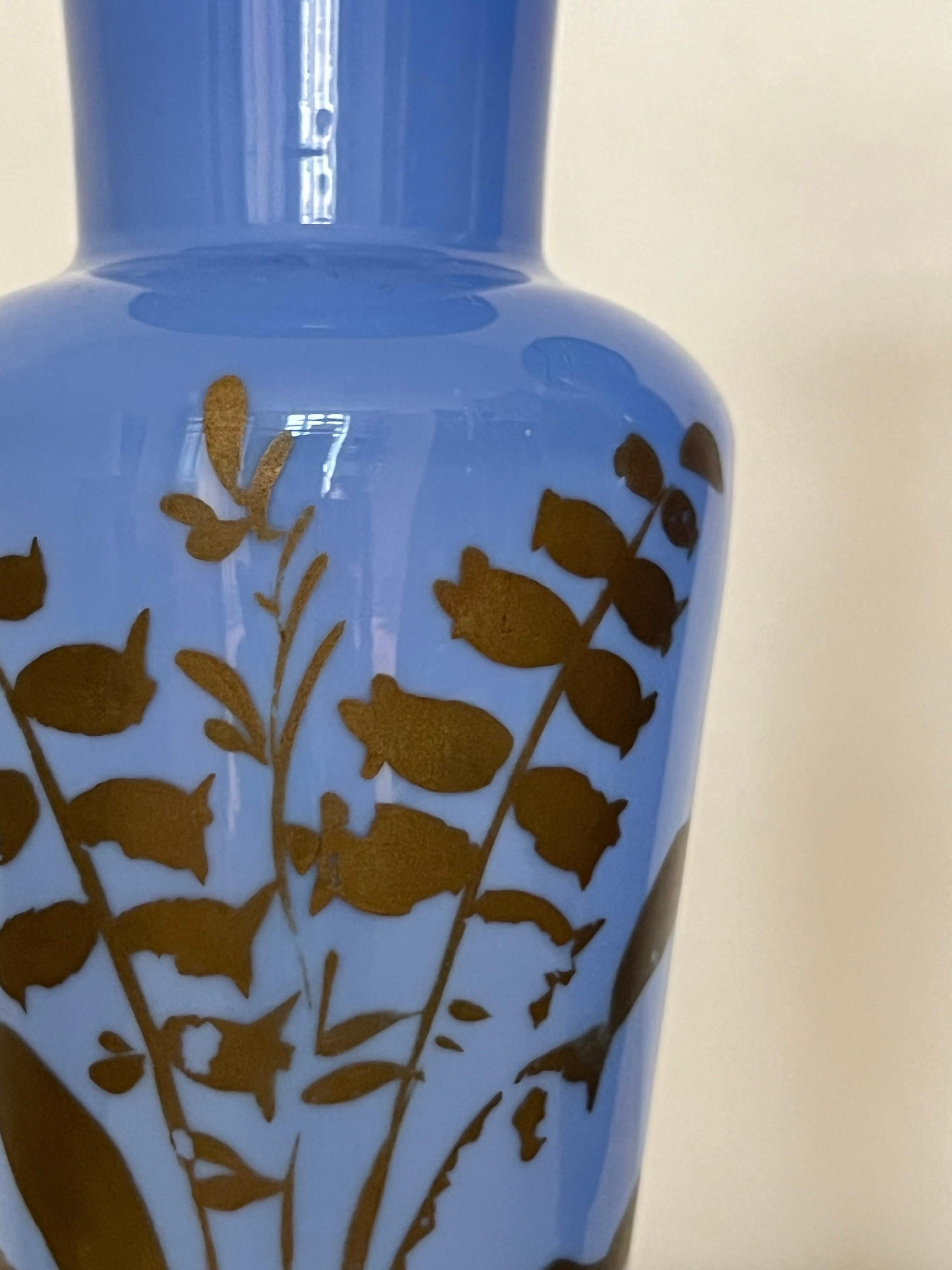 Pair of French Blue Opaline Glass Vases w. Hand-Painted Botanical Motifs, 1890s For Sale 4