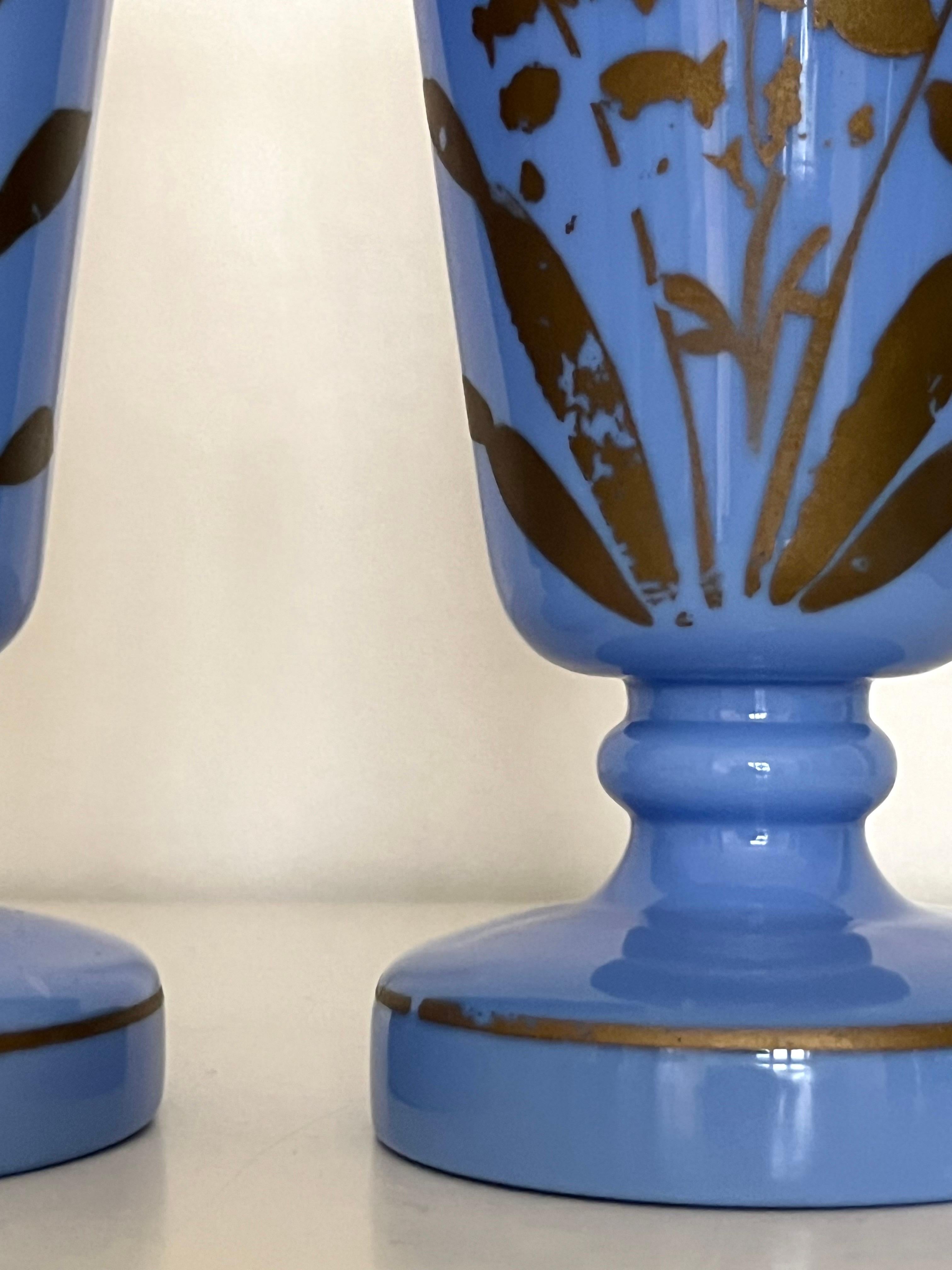 Pair of French Blue Opaline Glass Vases w. Hand-Painted Botanical Motifs, 1890s For Sale 5