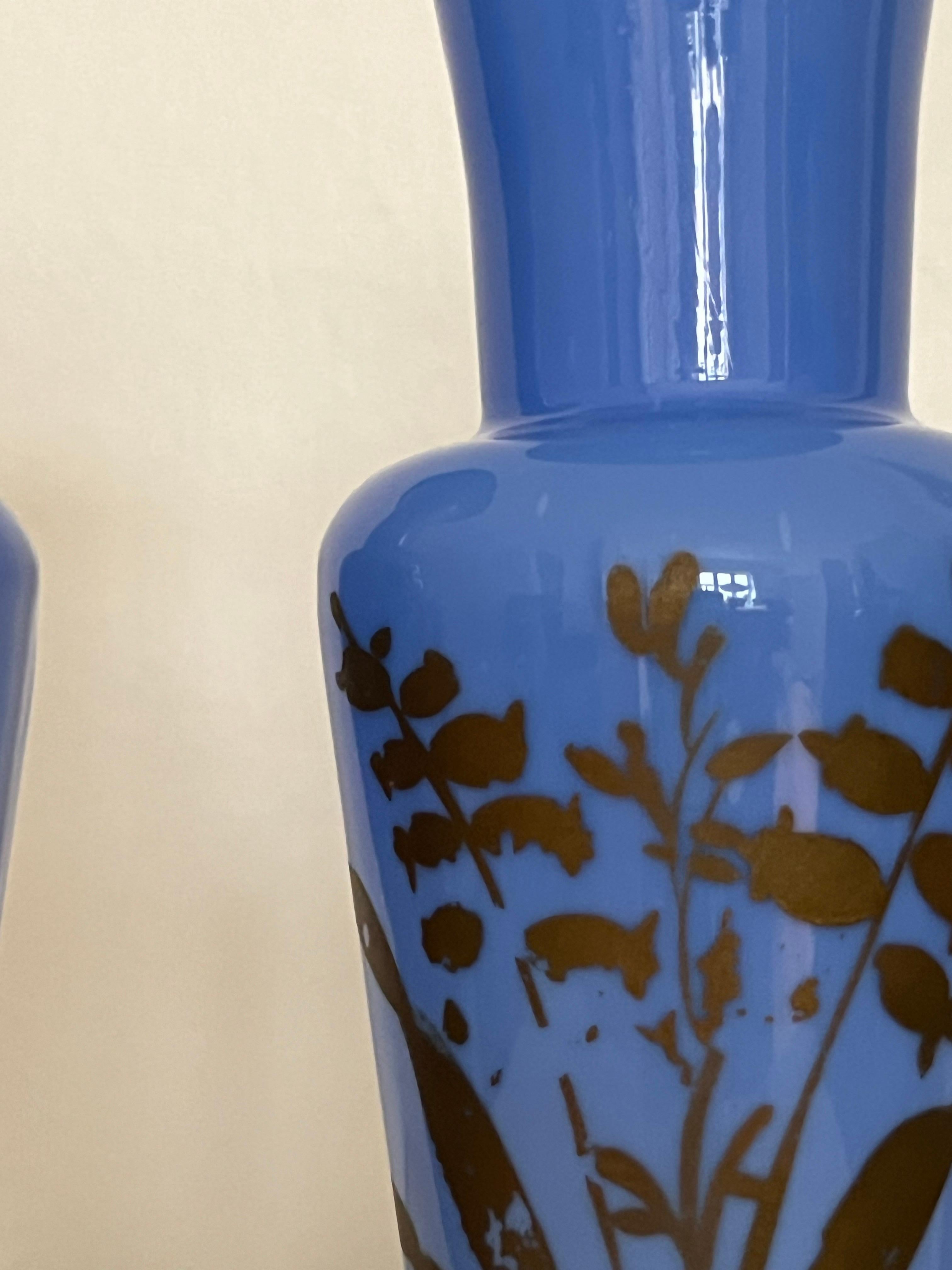 Pair of French Blue Opaline Glass Vases w. Hand-Painted Botanical Motifs, 1890s For Sale 6