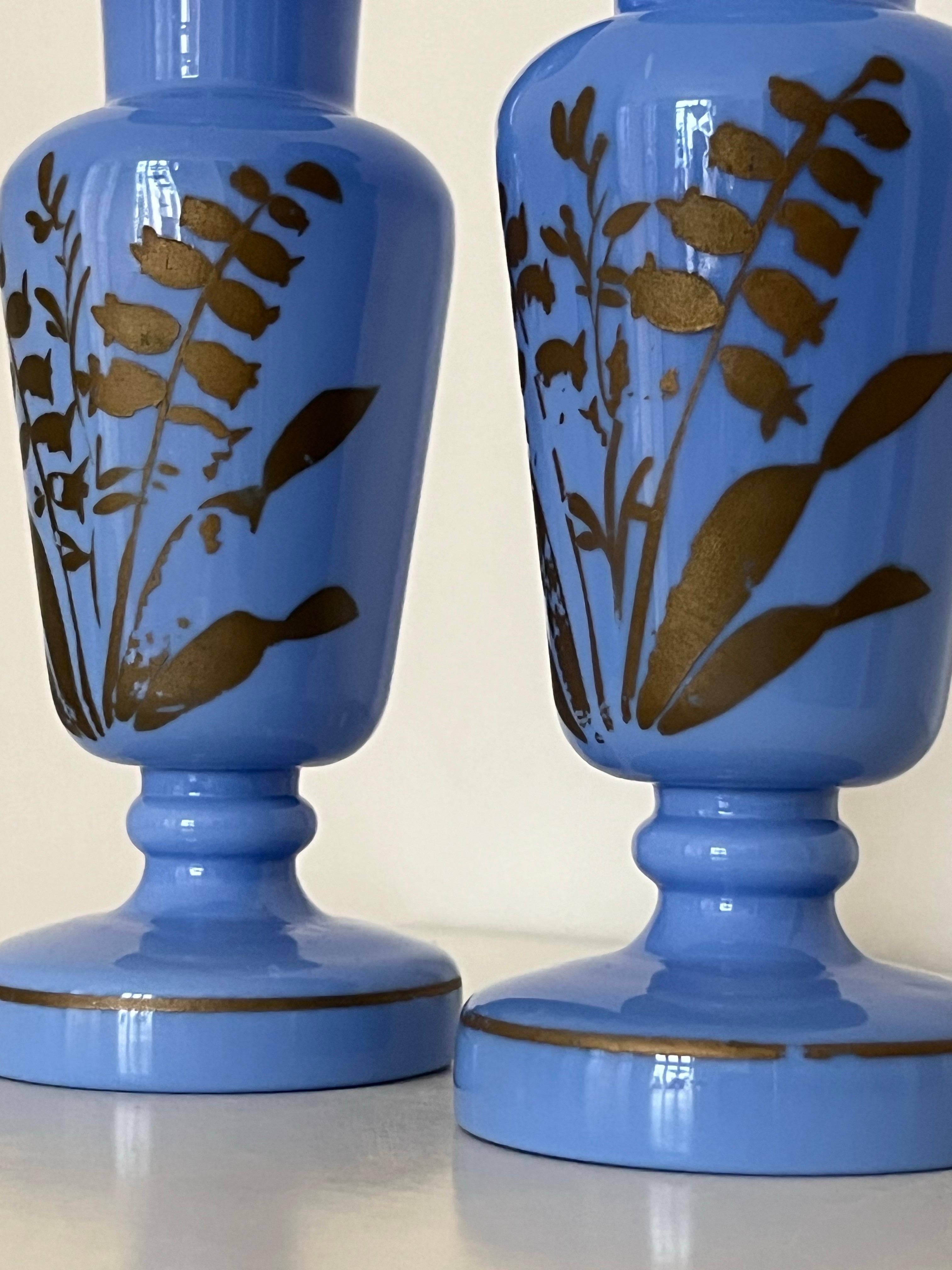 Pair of French Blue Opaline Glass Vases w. Hand-Painted Botanical Motifs, 1890s For Sale 7